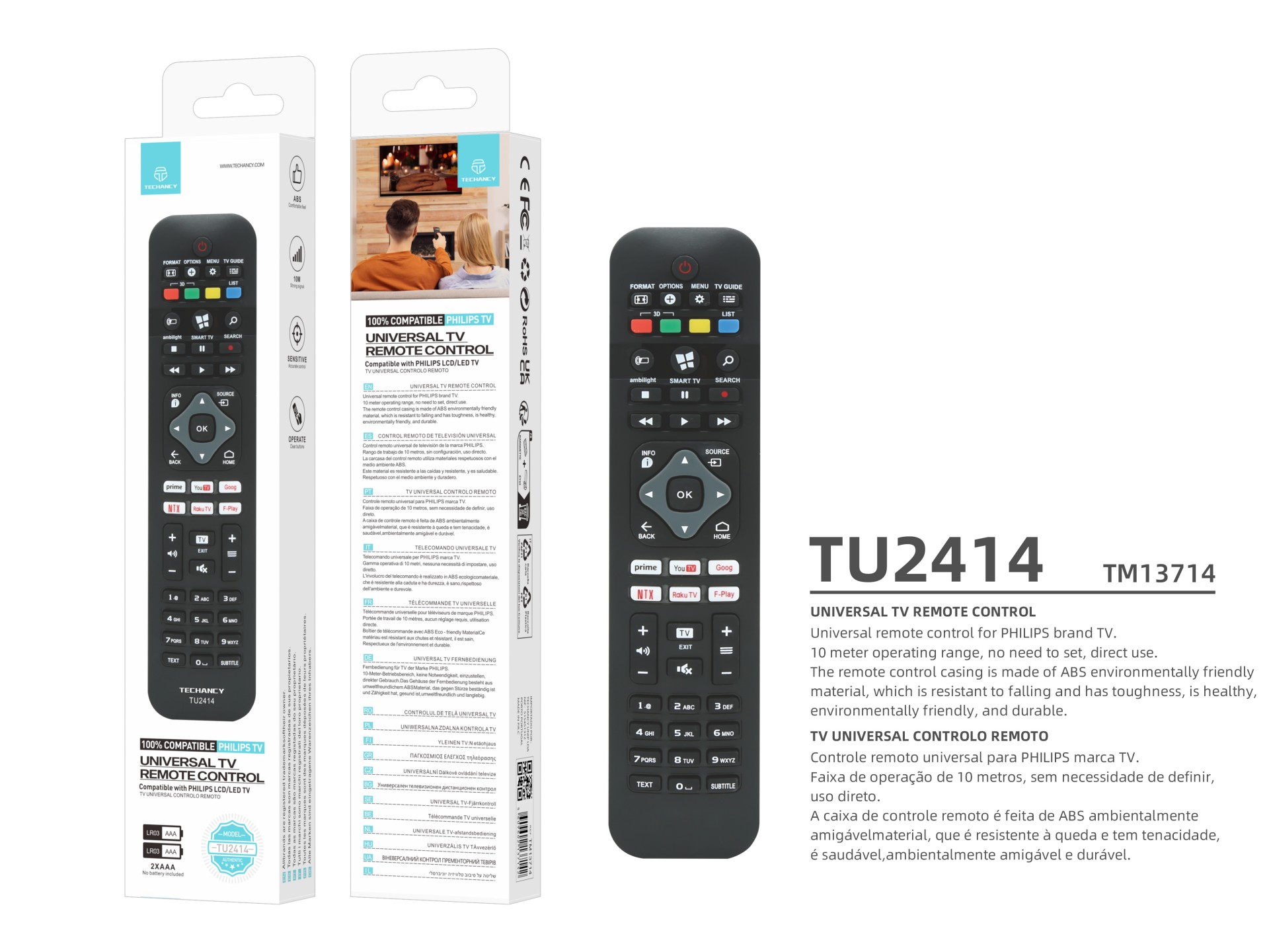 Techancy TV Remote Control TU2414, Compatible with Philips TVs, Automatic Pairing Without Configurat