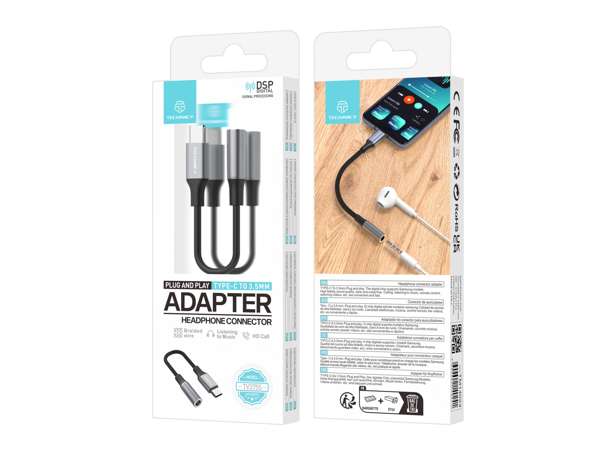 Techancy Adaptador De Áudio TV3755, Usb-C Para Conetor De Auscultadores De 3,5 Mm, Chip Dsp Compatív