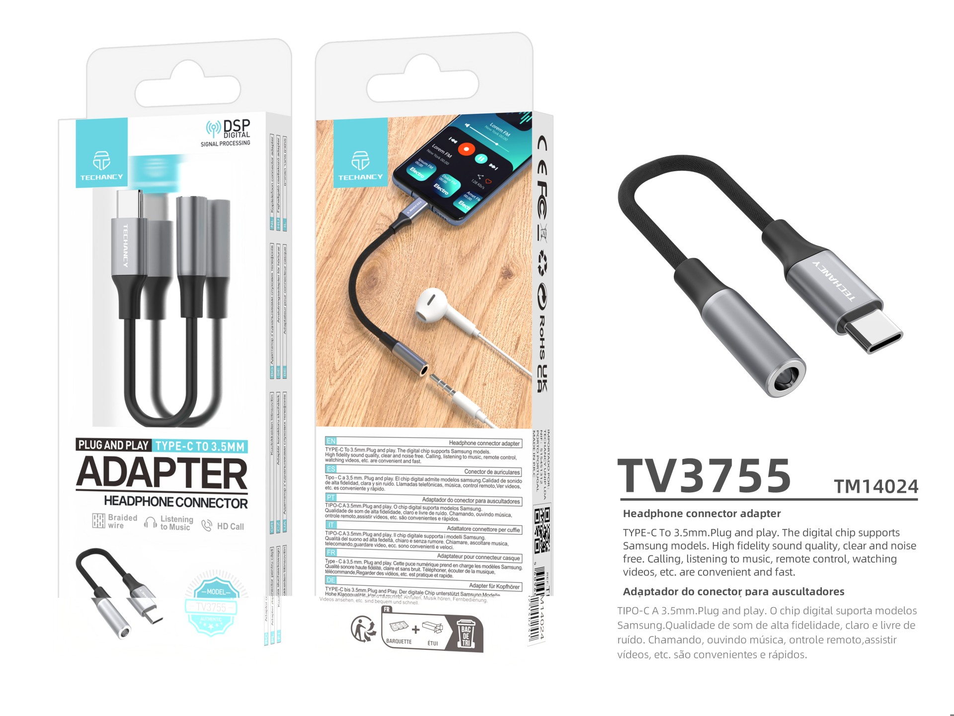 Techancy Adaptador De Áudio TV3755, Usb-C Para Conetor De Auscultadores De 3,5 Mm, Chip Dsp Compatív