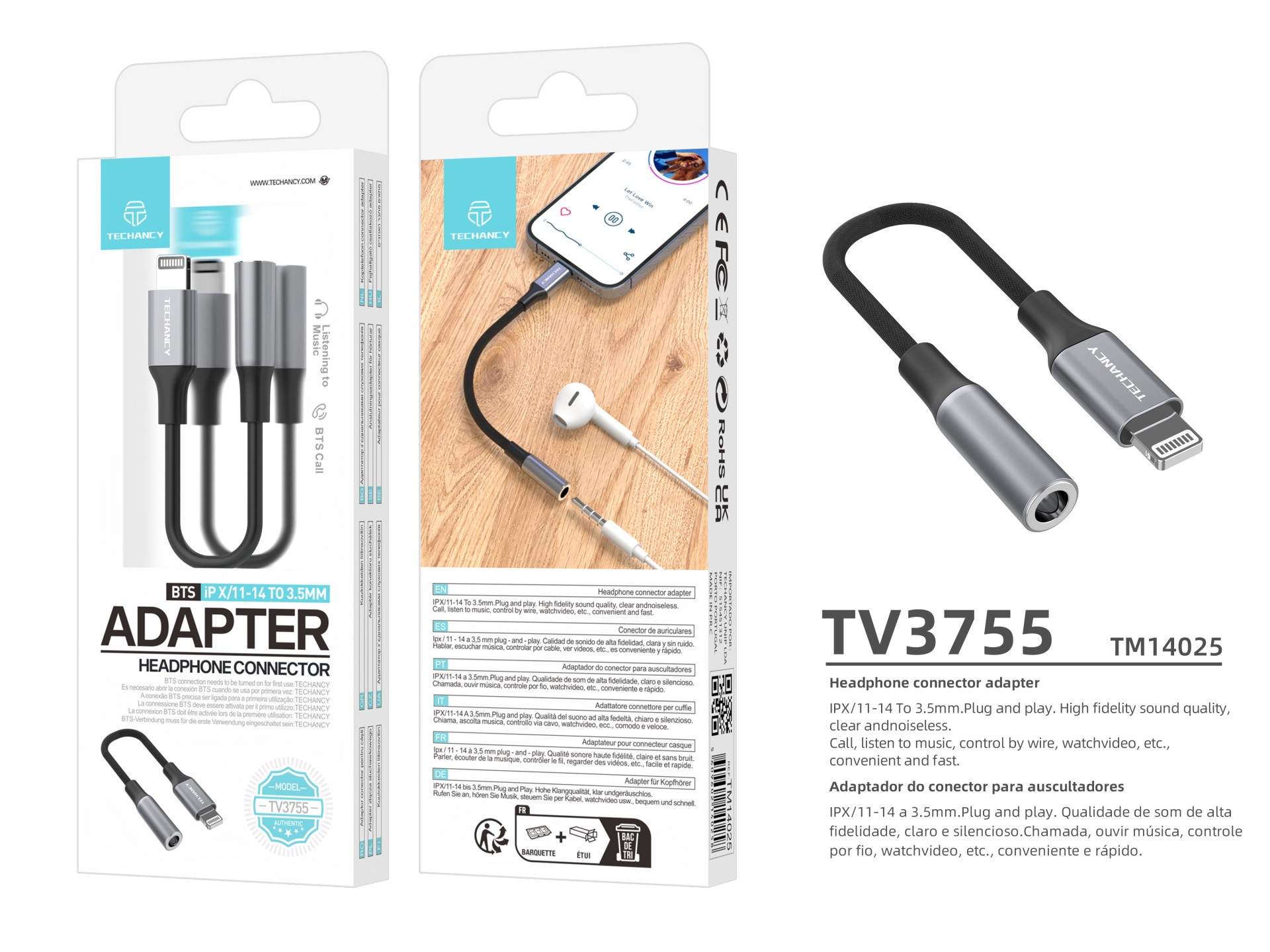 Techancy Adaptador De Áudio TV3755, Ip8-14 Para Conetor De Auscultadores De 3,5 Mm, Compatível Com D