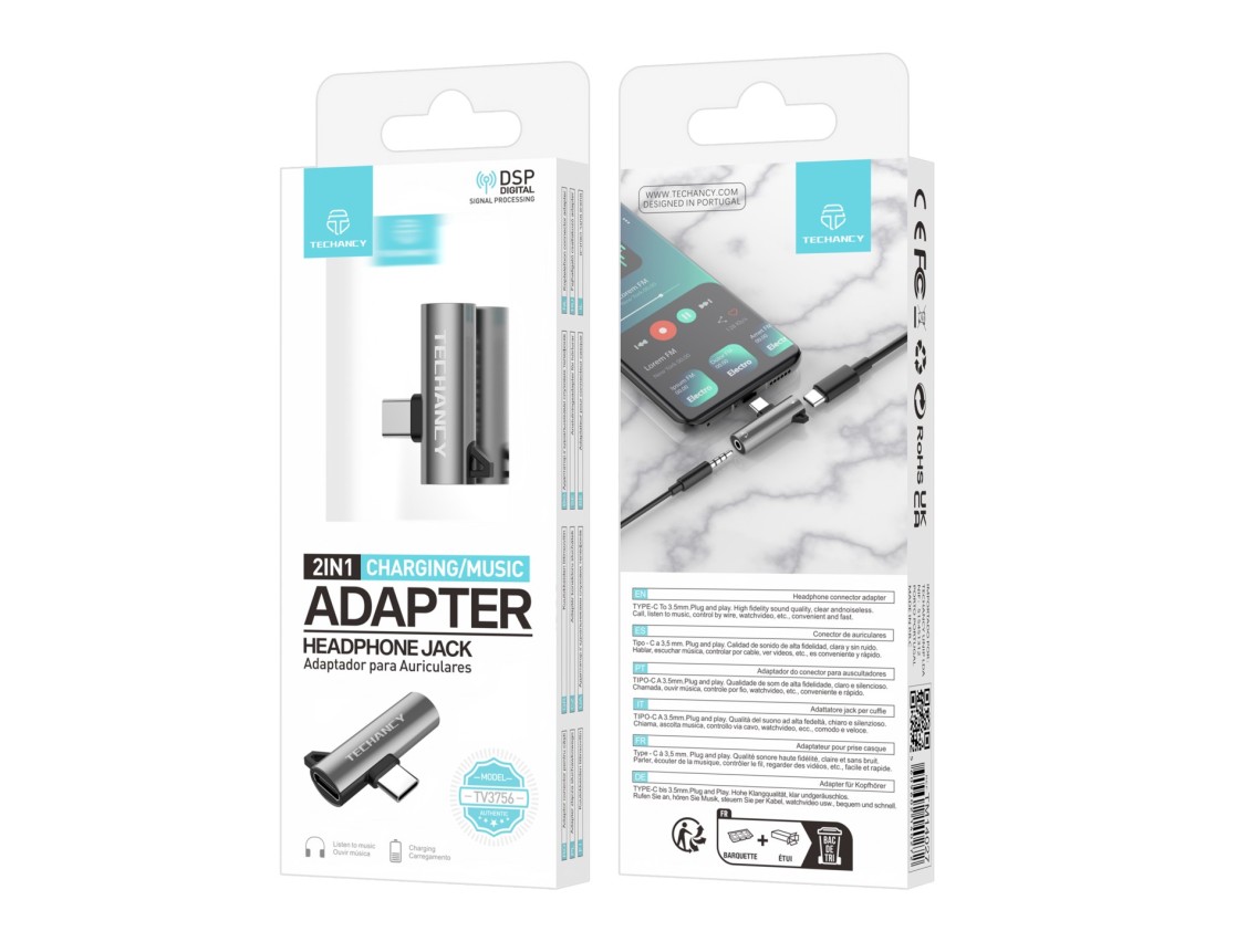 Techancy TV3756 Type-C Adapter, Type C to 3.5mm, Music + Charging 2 in 1, Compatible with Digital Si