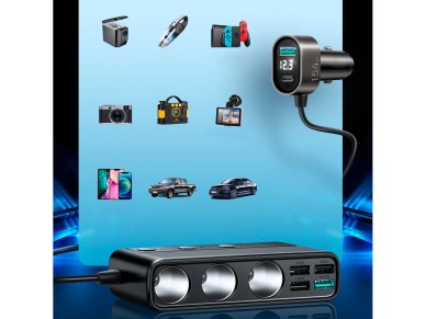 Carregador veicular Joyroom JR-CL06 9 em 1, 154 W, 5 portas USB-A / USB-C / 3 tomadas para isqueiro, Carregador veicular Joyroom JR-CL06 9 em 1, 154 W, 5 portas USB-A / USB-C / 3 tomadas para isqueiro,