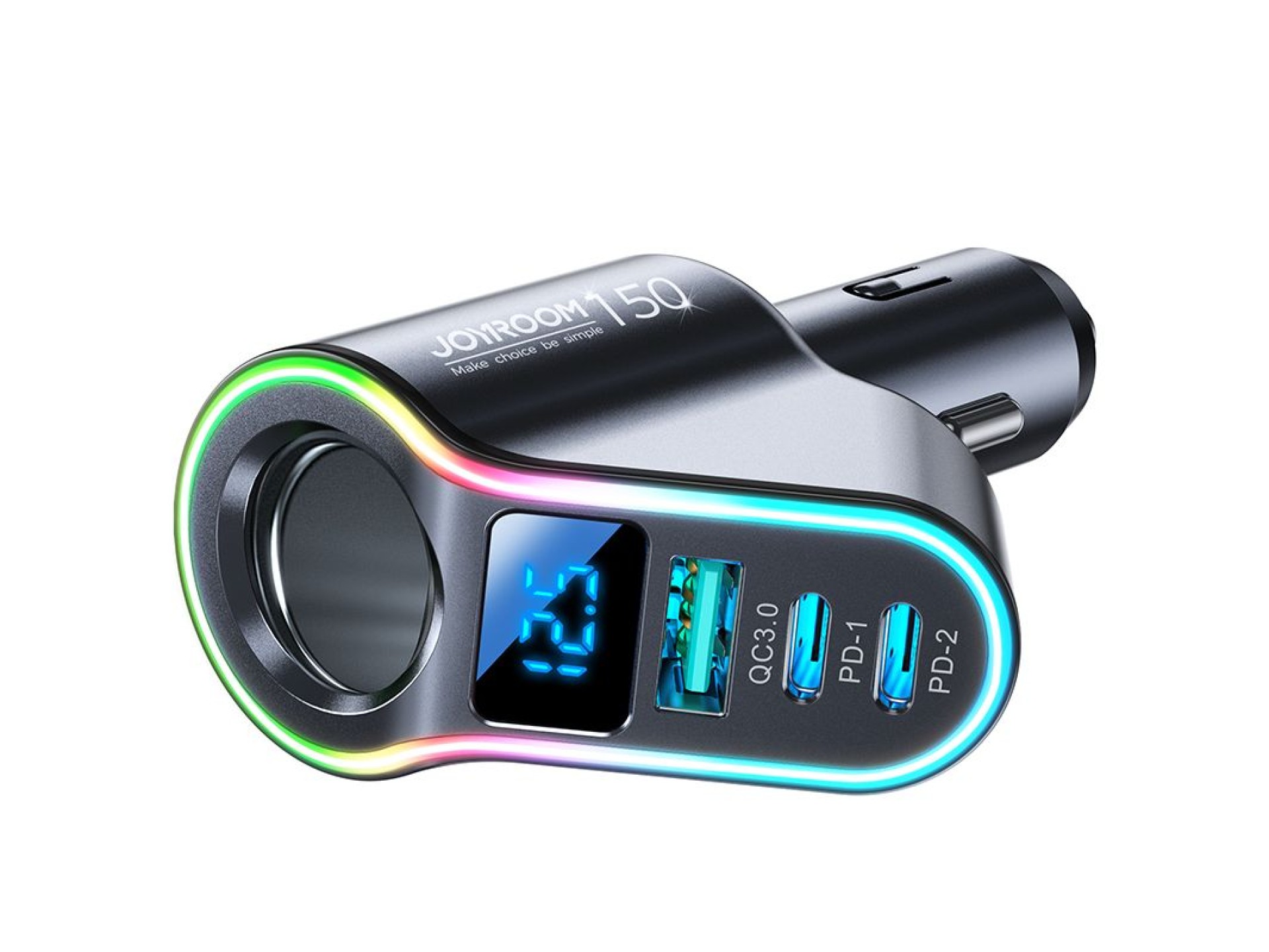 Carregador rápido para carro Joyroom 4 em 1 USB-A QC3.0 / 2x USB-C PD 150W Preto (JR-CL21)