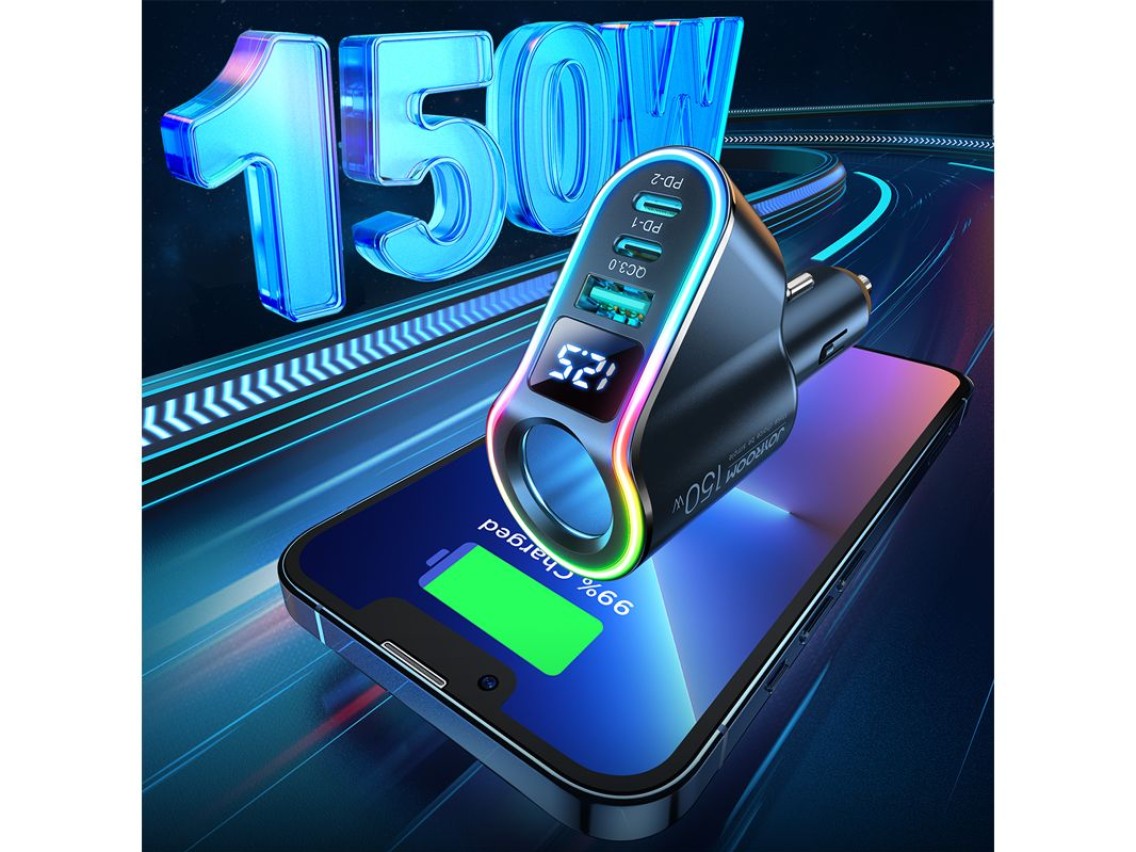 Joyroom Fast Car Charger 4in1 USB-A QC3.0 / 2xUSB-C PD 150W Black (JR-CL21)