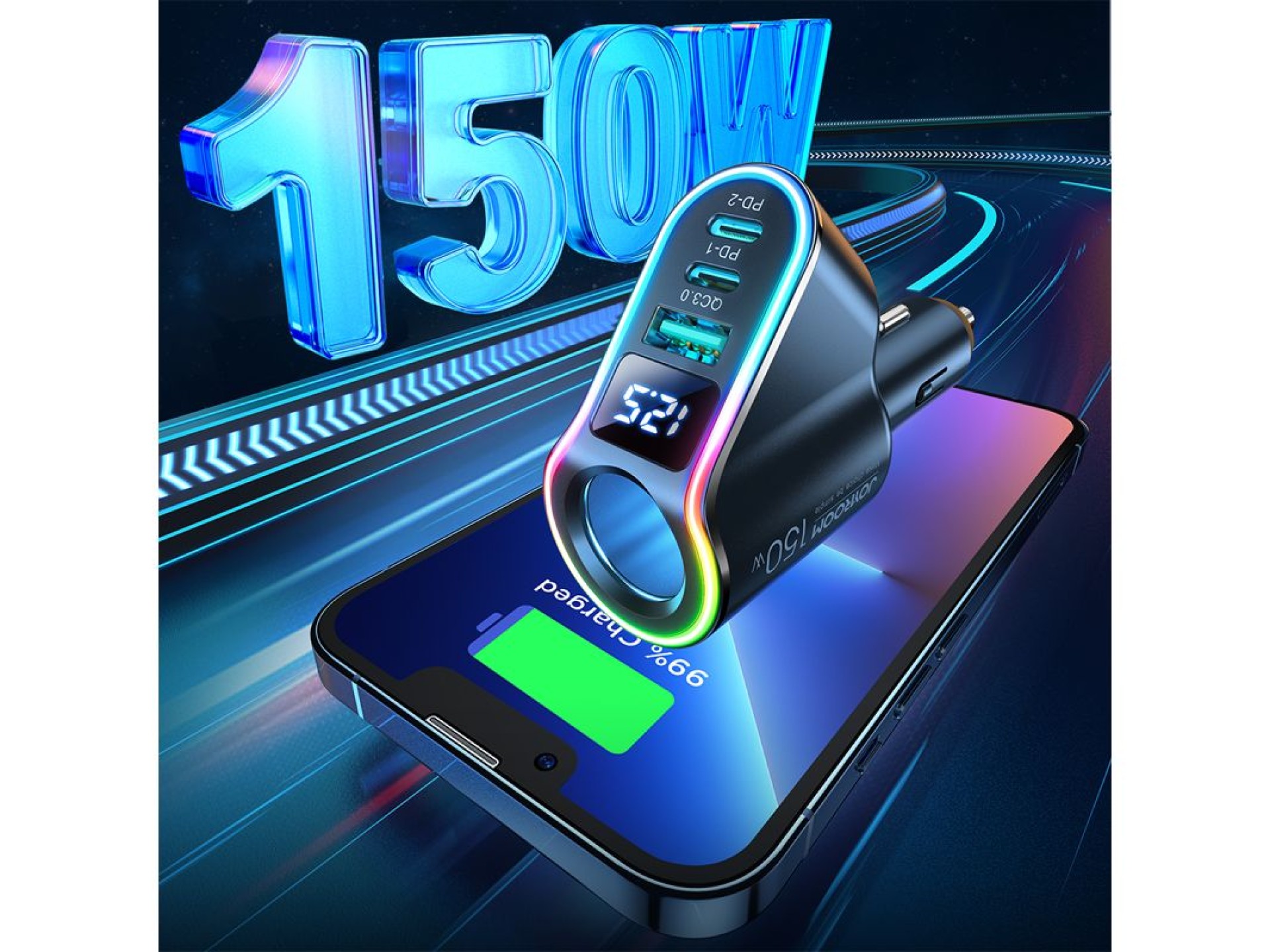 Carregador rápido para carro Joyroom 4 em 1 USB-A QC3.0 / 2x USB-C PD 150W Preto (JR-CL21)