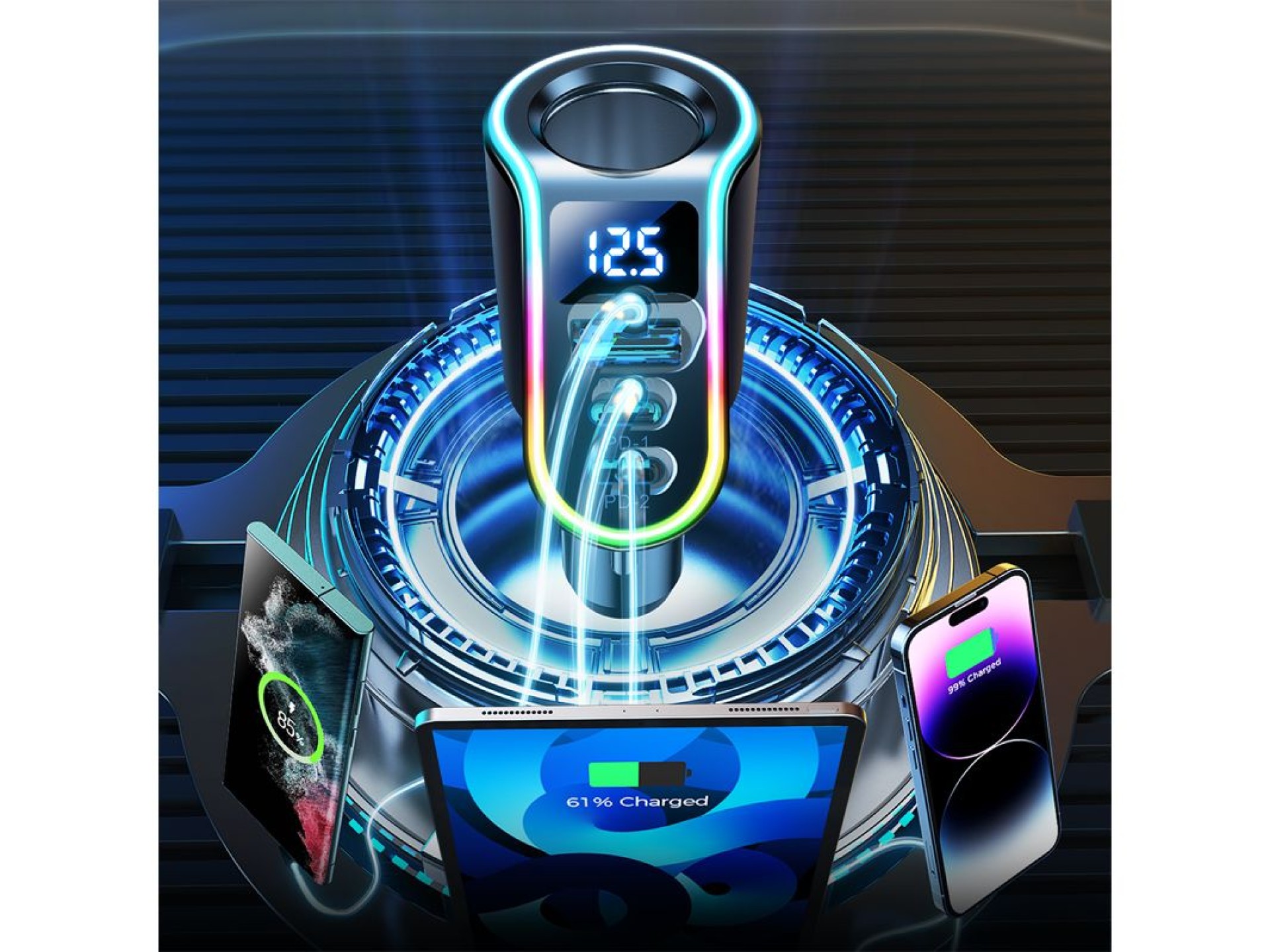 Carregador rápido para carro Joyroom 4 em 1 USB-A QC3.0 / 2x USB-C PD 150W Preto (JR-CL21)