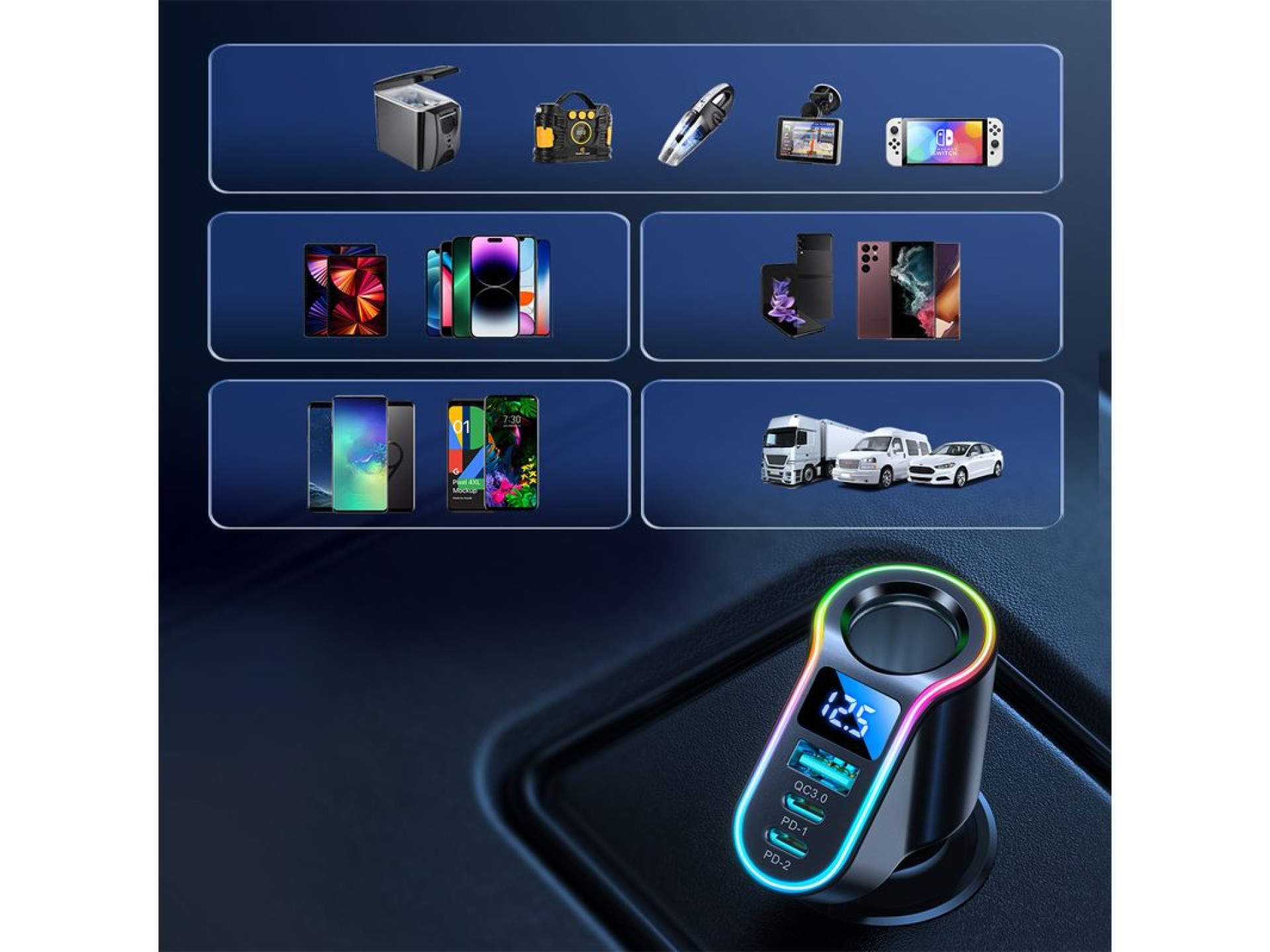 Carregador rápido para carro Joyroom 4 em 1 USB-A QC3.0 / 2x USB-C PD 150W Preto (JR-CL21)