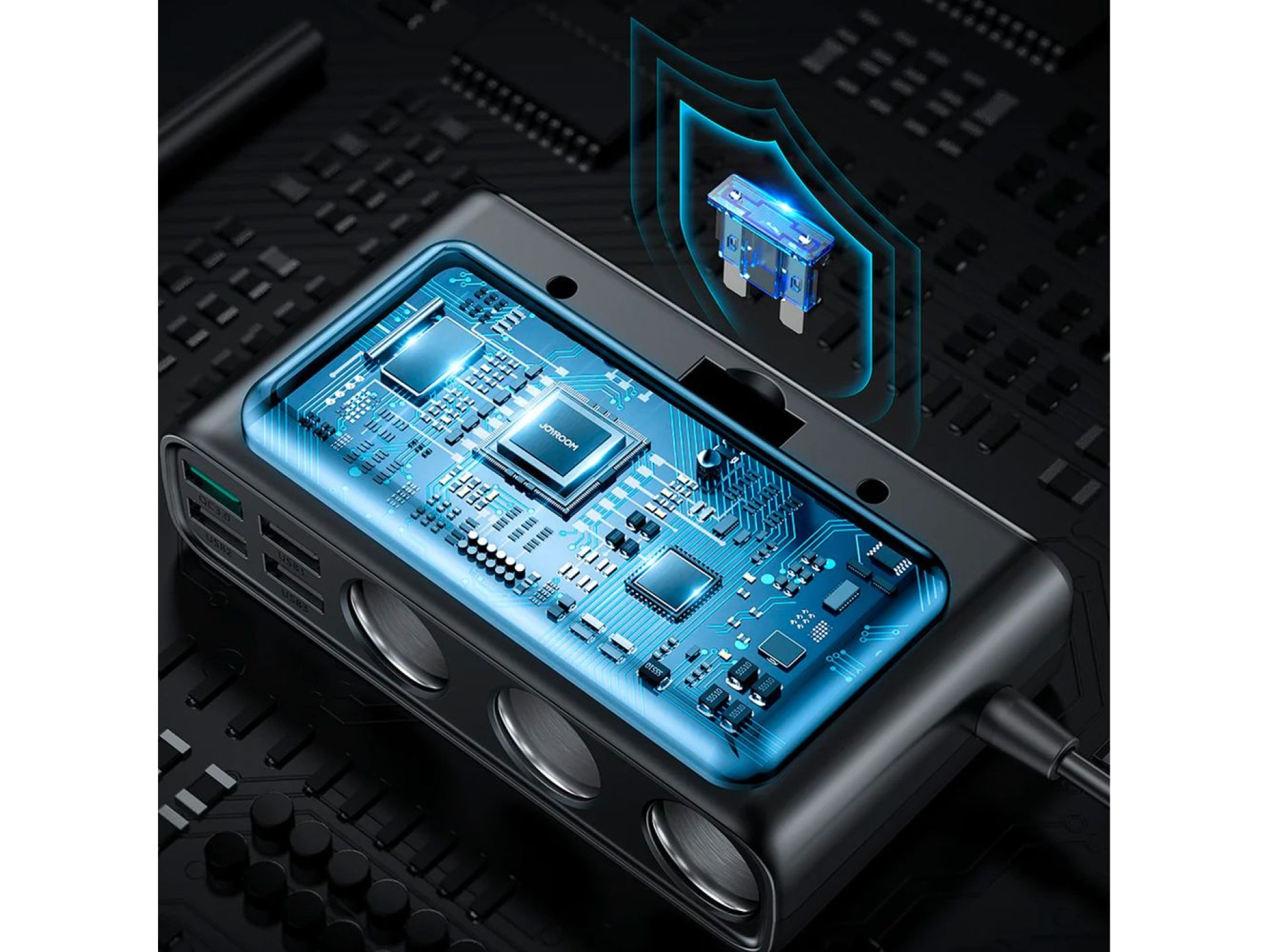 Carregador veicular Joyroom JR-CL06 9 em 1, 154 W, 5 portas USB-A / USB-C / 3 tomadas para isqueiro,