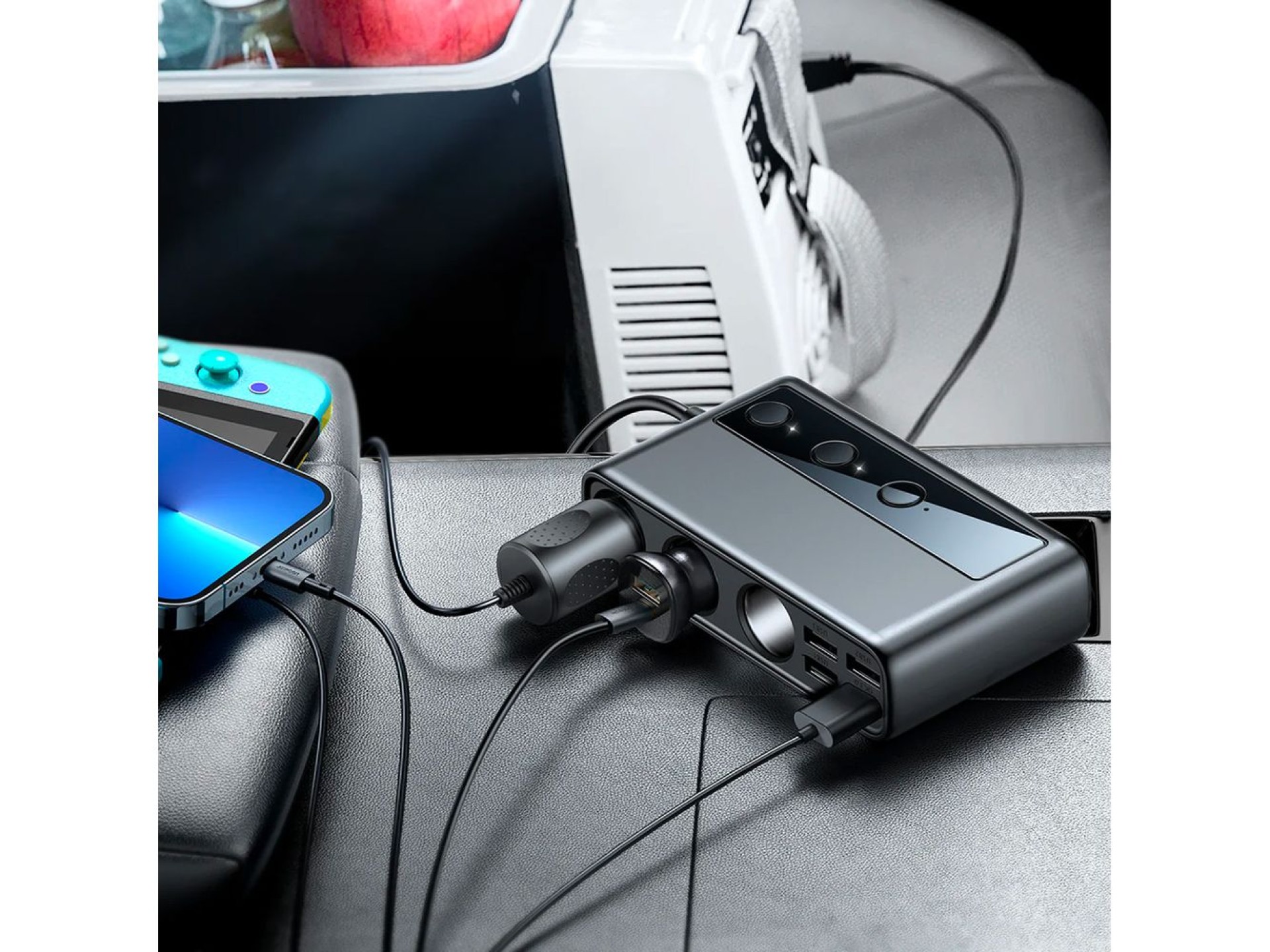 Carregador veicular Joyroom JR-CL06 9 em 1, 154 W, 5 portas USB-A / USB-C / 3 tomadas para isqueiro,