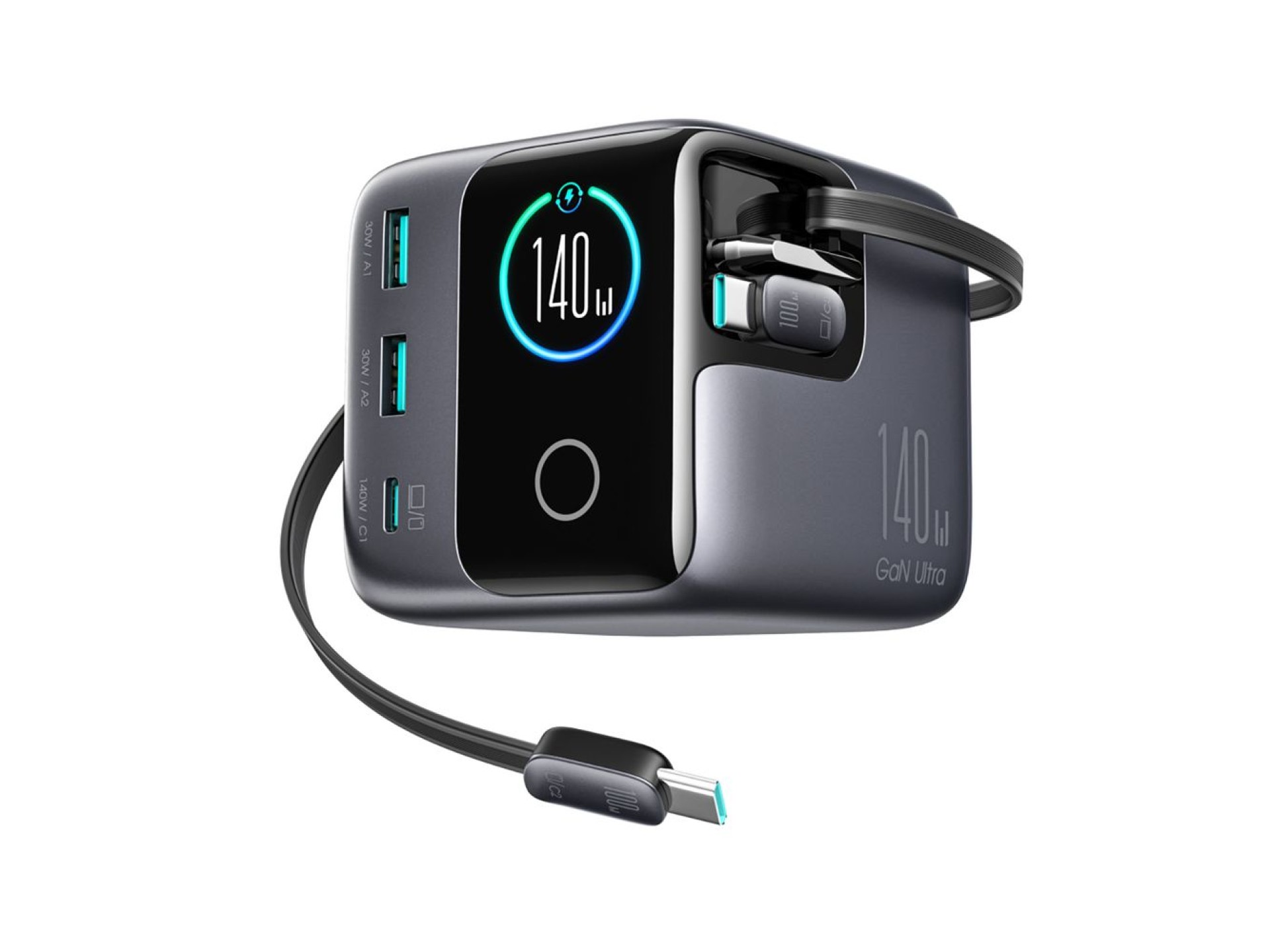 Carregador de mesa Joyroom Podix JR-TRD01 GaN de 140 W com 5 portas e dois cabos retráteis - Cinza