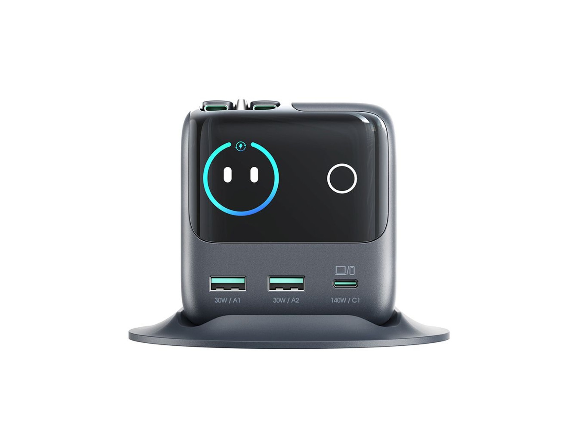 Carregador de mesa Joyroom Podix JR-TRD01 GaN de 140 W com 5 portas e dois cabos retráteis - Cinza