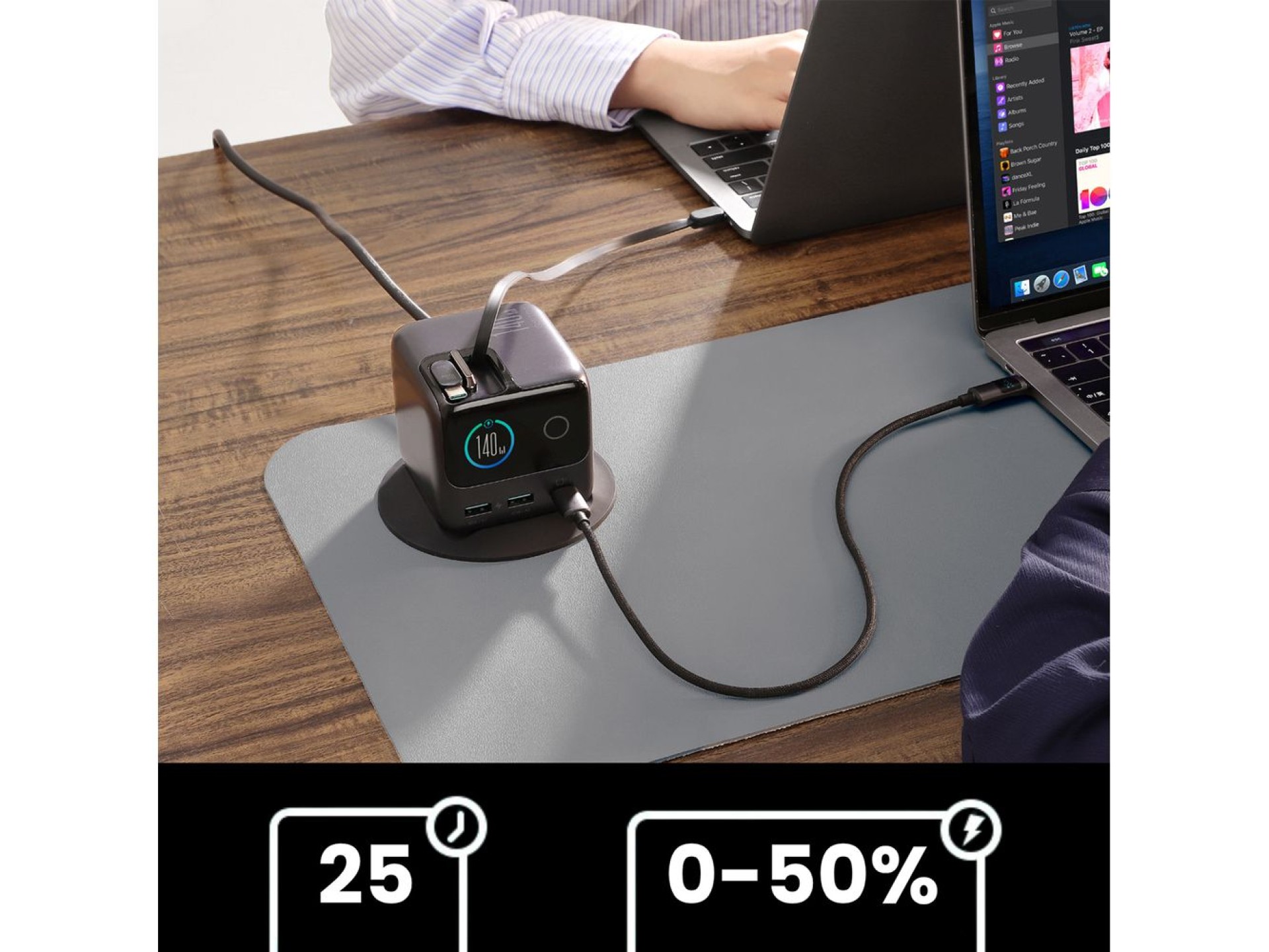 Carregador de mesa Joyroom Podix JR-TRD01 GaN de 140 W com 5 portas e dois cabos retráteis - Cinza