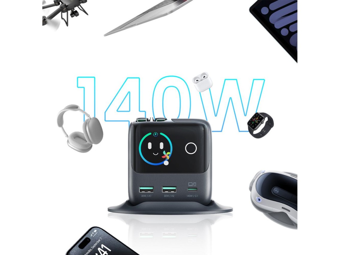 Carregador de mesa Joyroom Podix JR-TRD01 GaN de 140 W com 5 portas e dois cabos retr�teis - Cinza