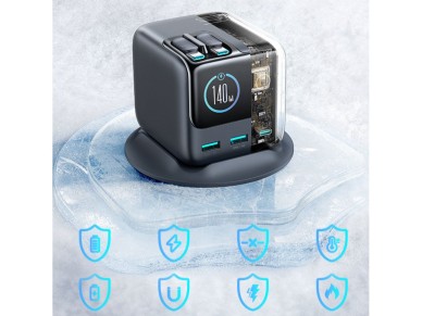 Joyroom Podix JR-TRD01 GaN 140W Desktop Charger with 5 Ports and Dual Retractable Cables - Gray