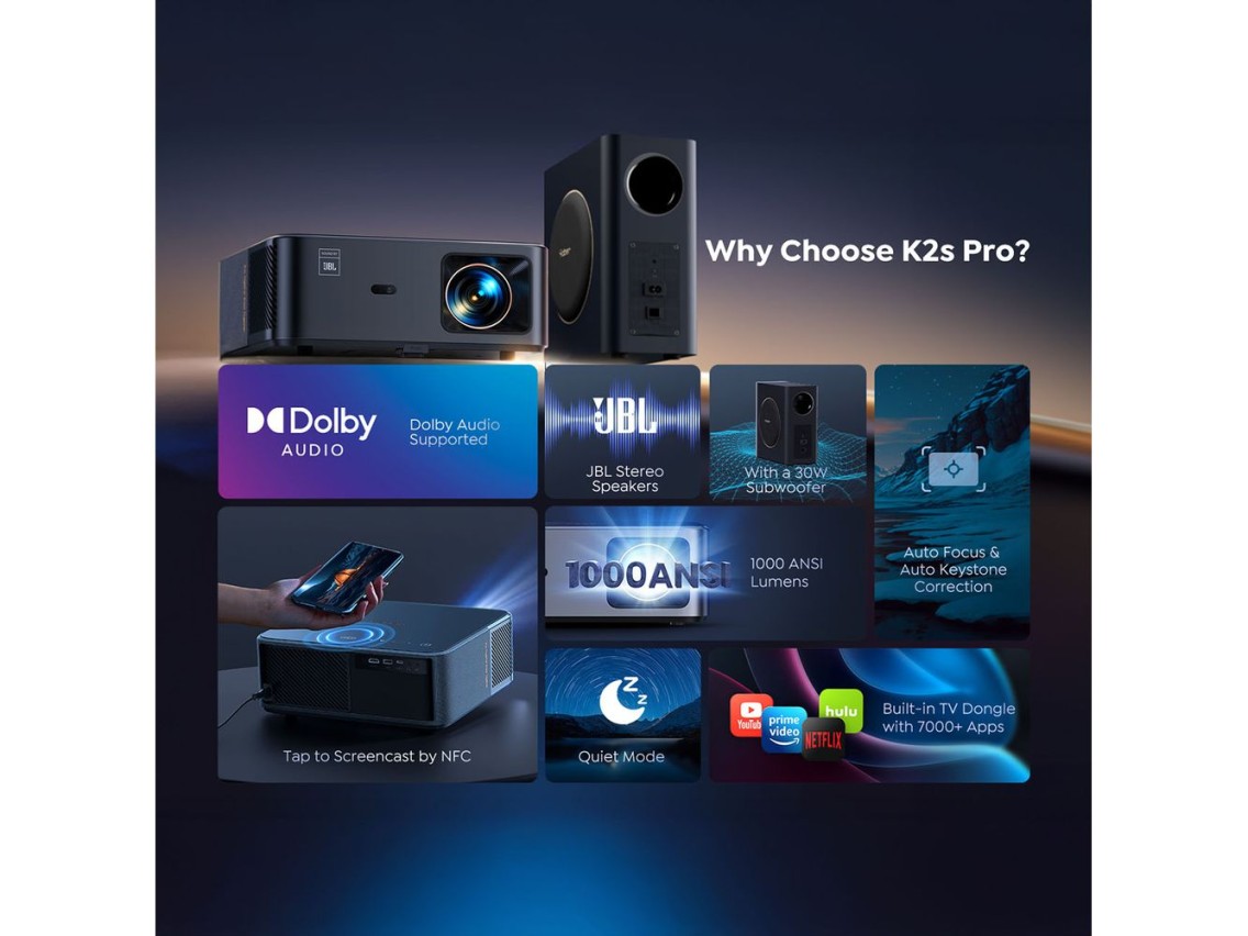 Proyector multimedia Yaber K2s Pro LCD FullHD 1080p con altavoces y subwoofer JBL - Negro