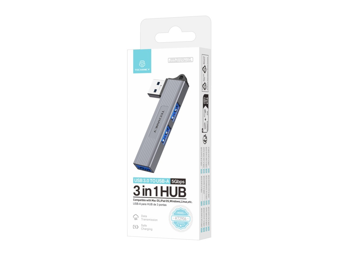 Techancy Hub 3 em 1 USB-A para USB 3.0 KT2906 , compatível com Mac OS/iPad OS/Windows, taxa de trans