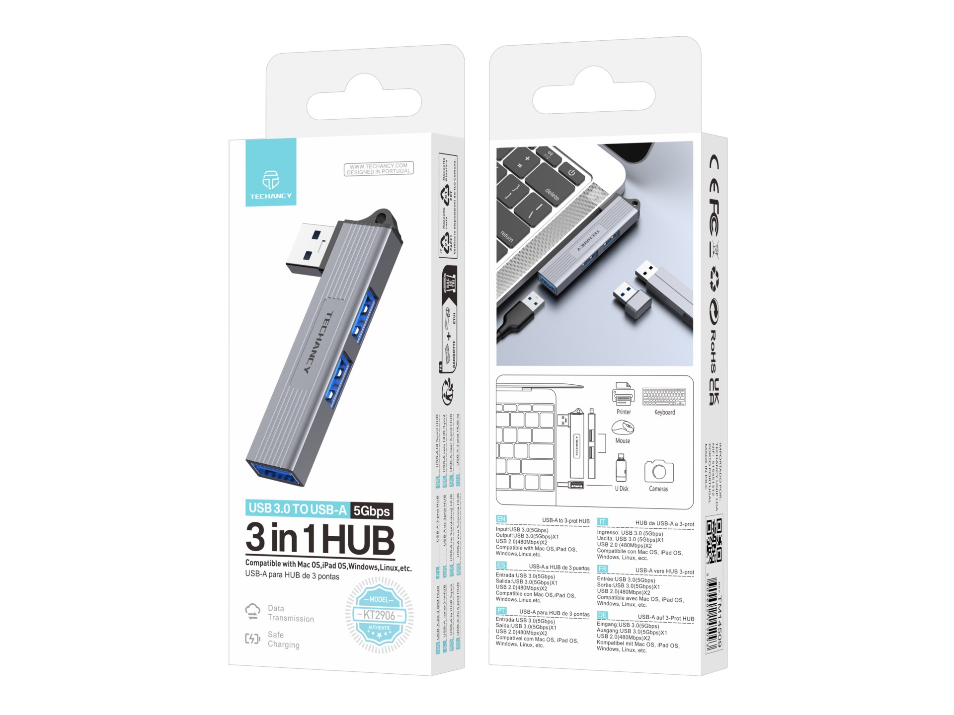 Techancy USB-A a USB 3.0 3 en 1 Techancy KT2906, compatible con Mac OS/iPad OS/Windows, velocidad de
