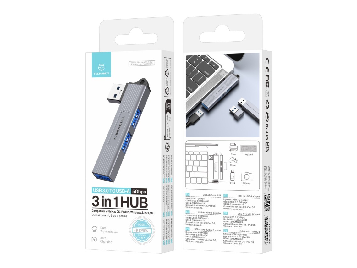 Techancy Hub 3 em 1 USB-A para USB 3.0 KT2906 , compatível com Mac OS/iPad OS/Windows, taxa de trans