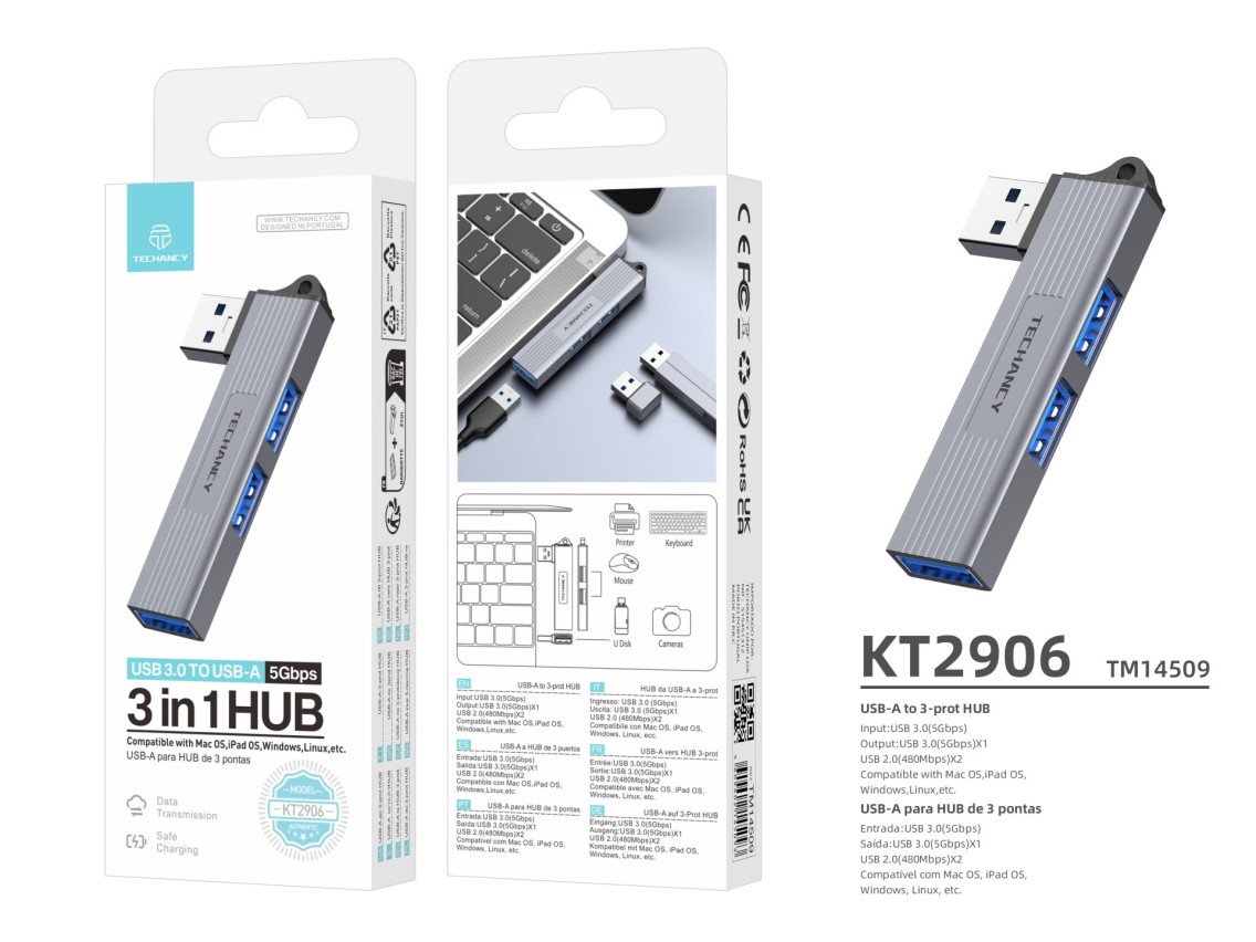 Techancy Hub 3 em 1 USB-A para USB 3.0 KT2906 , compatível com Mac OS/iPad OS/Windows, taxa de trans