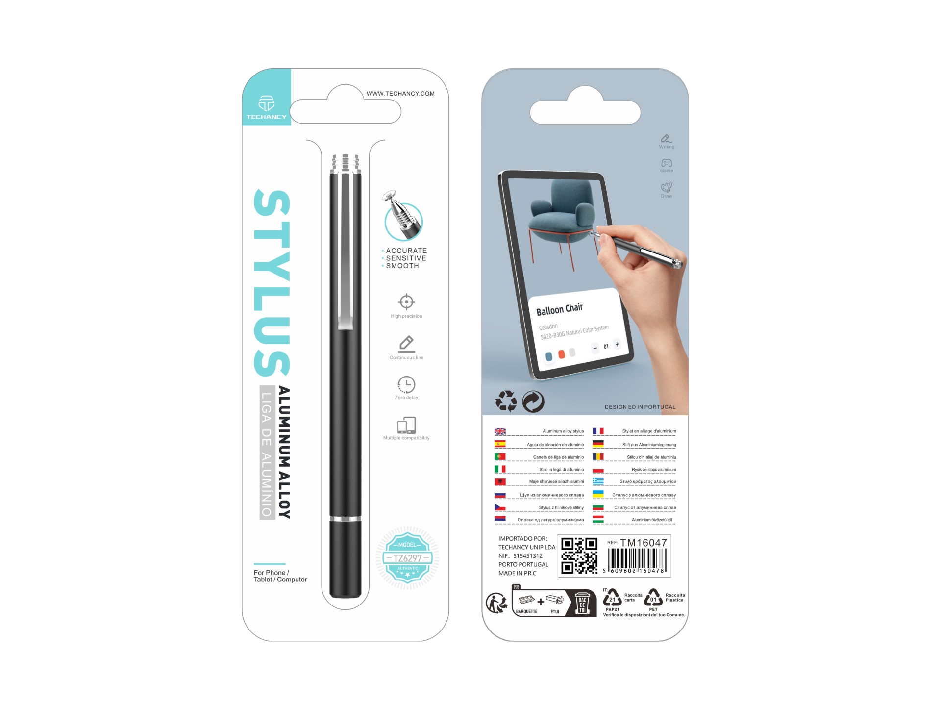 Techancy Caneta Stylus De Alumínio Preta TZ6297, Aspeto Elegante Sensibilidade Precisa Para Telemóve