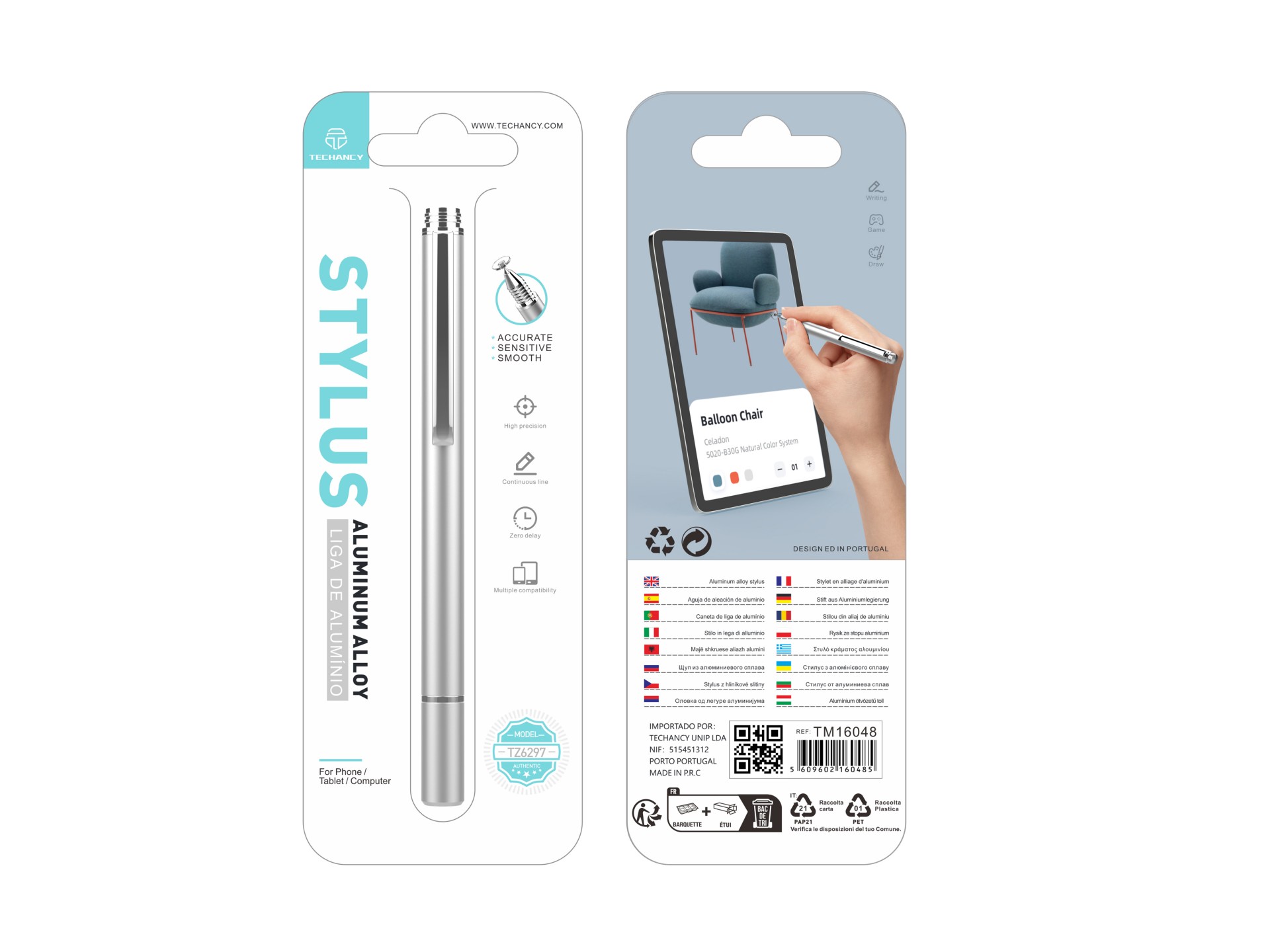Techancy Caneta Stylus De Alumínio Prateada TZ6297, Aspeto Elegante Sensibilidade Precisa Para Telem
