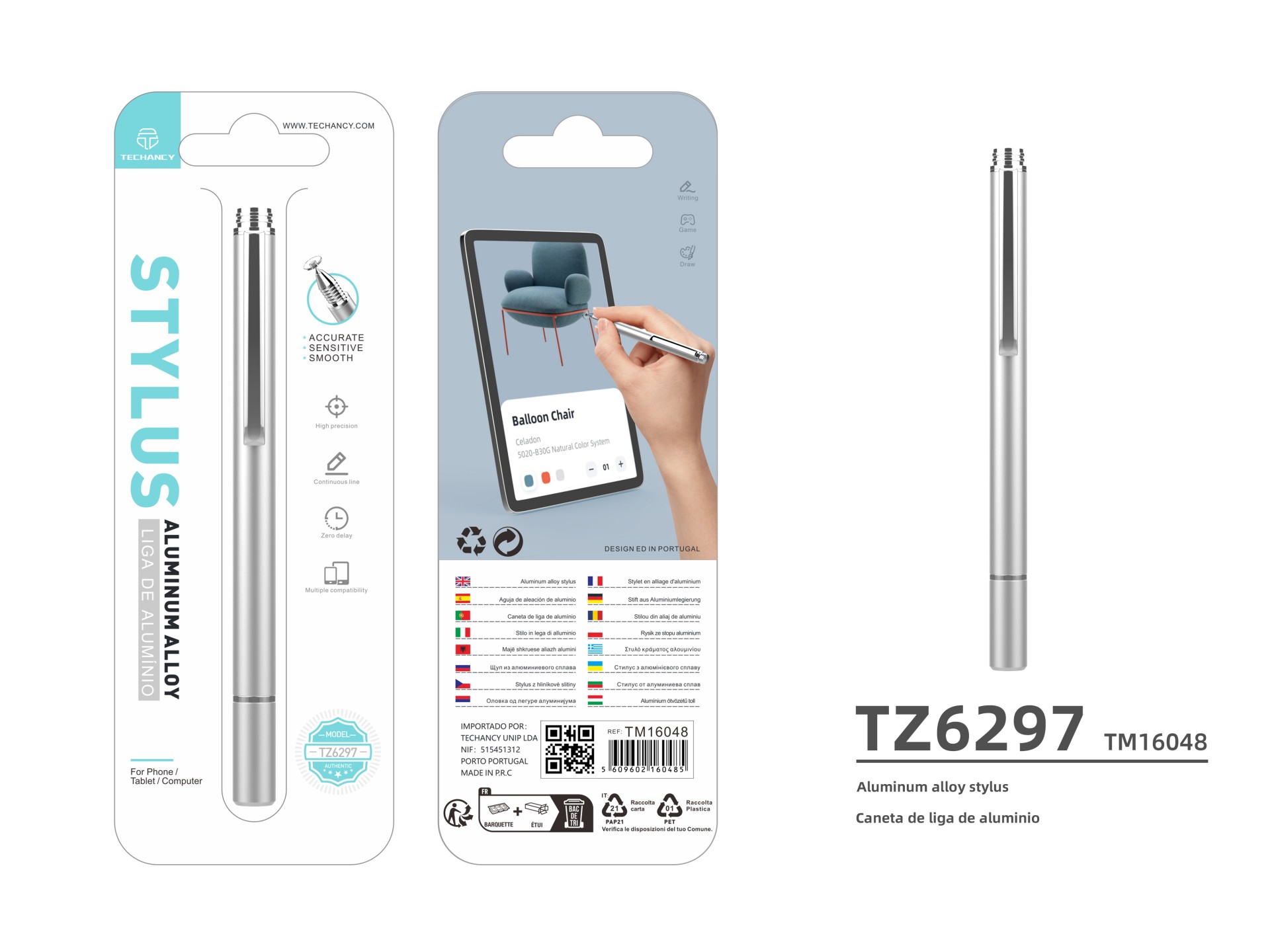 Techancy Caneta Stylus De Alumínio Prateada TZ6297, Aspeto Elegante Sensibilidade Precisa Para Telem