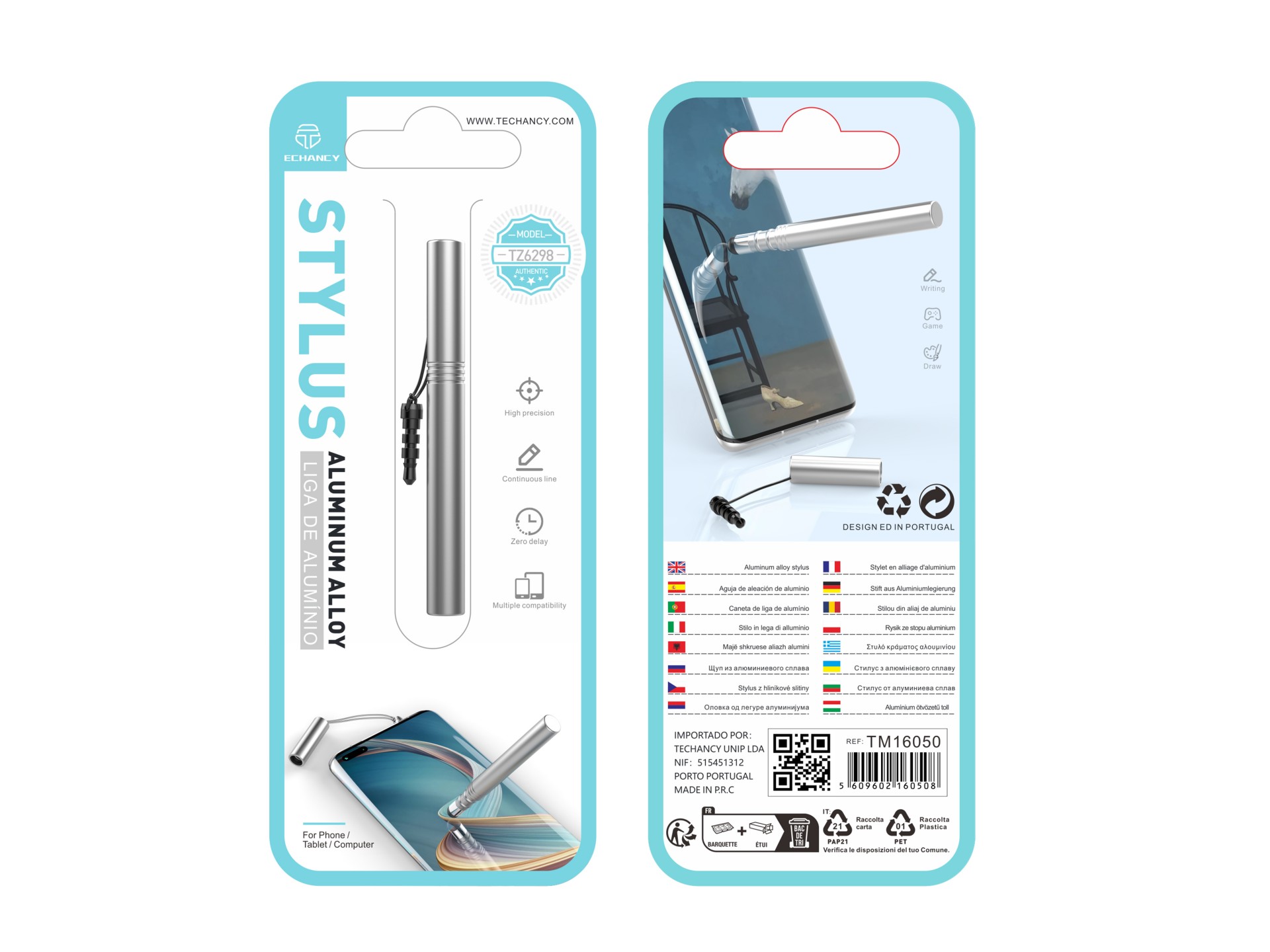 Techancy Mini Stylus Prateado TZ6297, Sensibilidade Precisa Para Telemóveis E Tablets, Com Tomada Pa