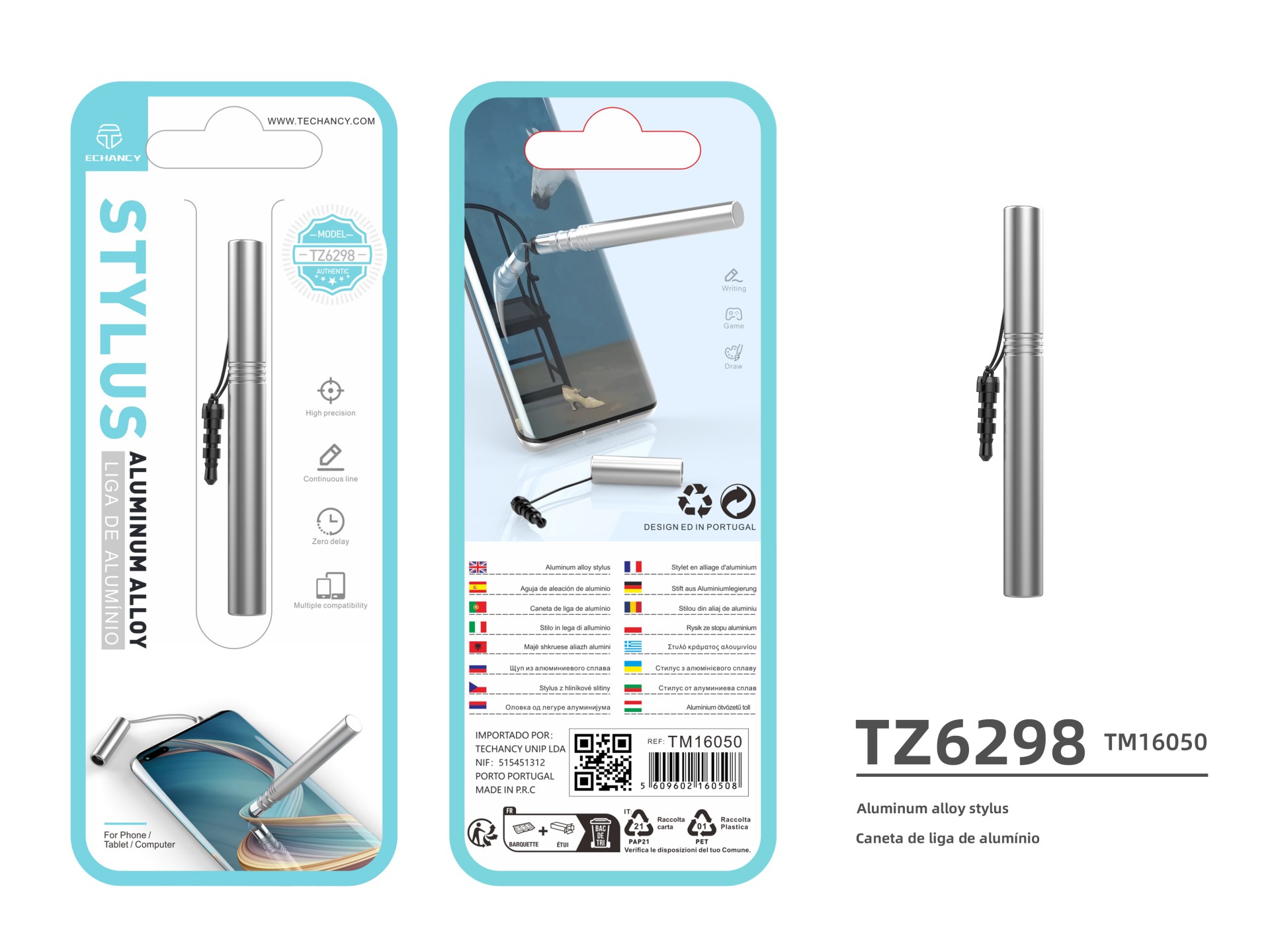 Techancy Mini Stylus Prateado TZ6297, Sensibilidade Precisa Para Telemóveis E Tablets, Com Tomada Pa