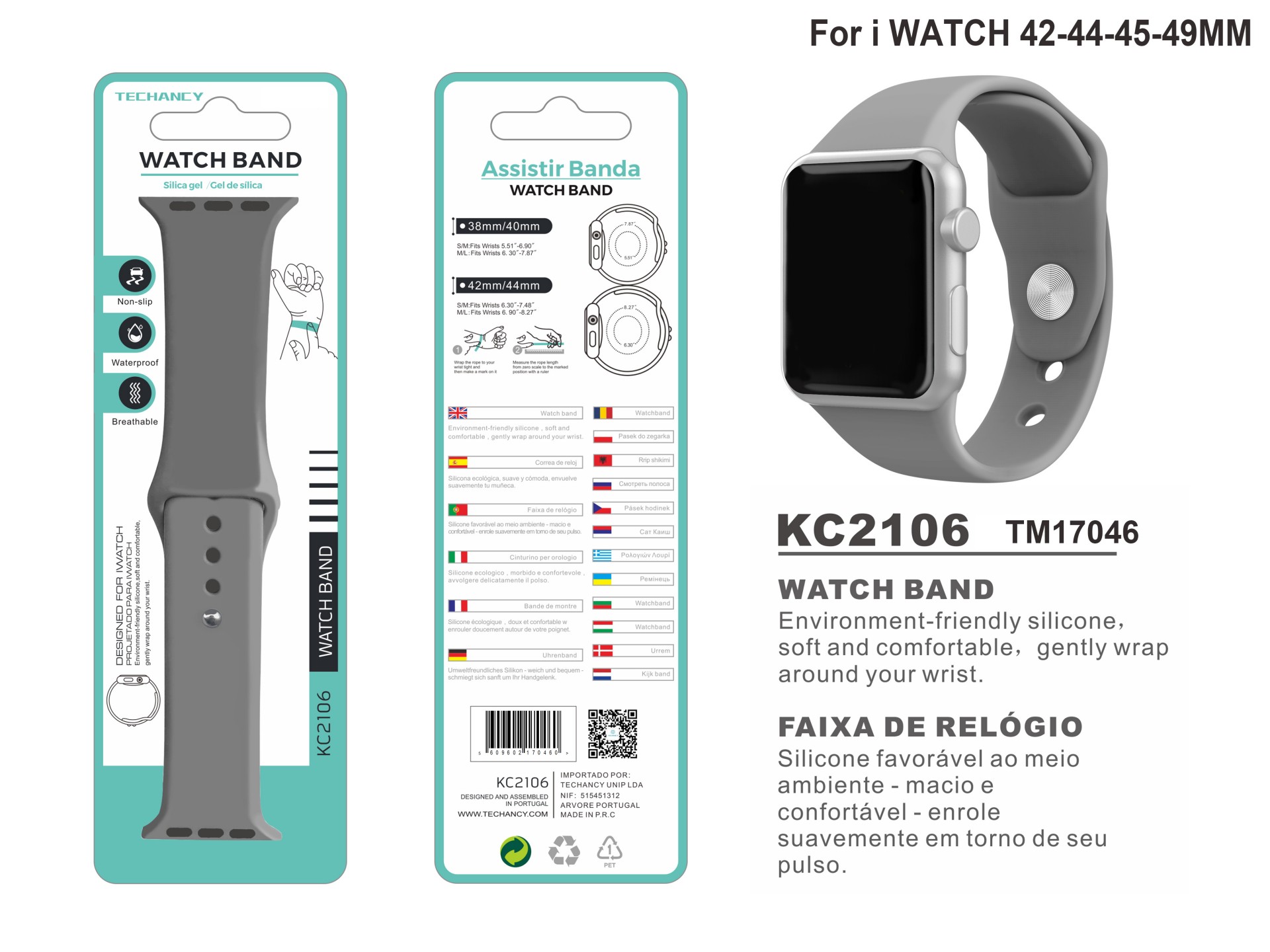 Techancy Gray Silicone Strap KC2106, Compatible with Apple Watch 42/44/45/49mm, Silicone Material, S