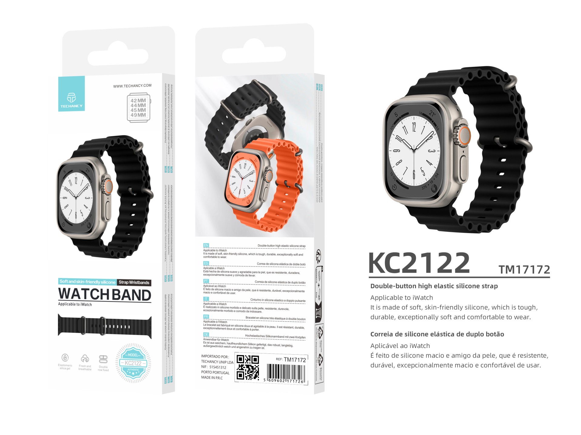 Correa de silicona negra Techancy KC2122, compatible con Apple Watch de 42 mm, 44 mm, 45 mm y 49 mm,