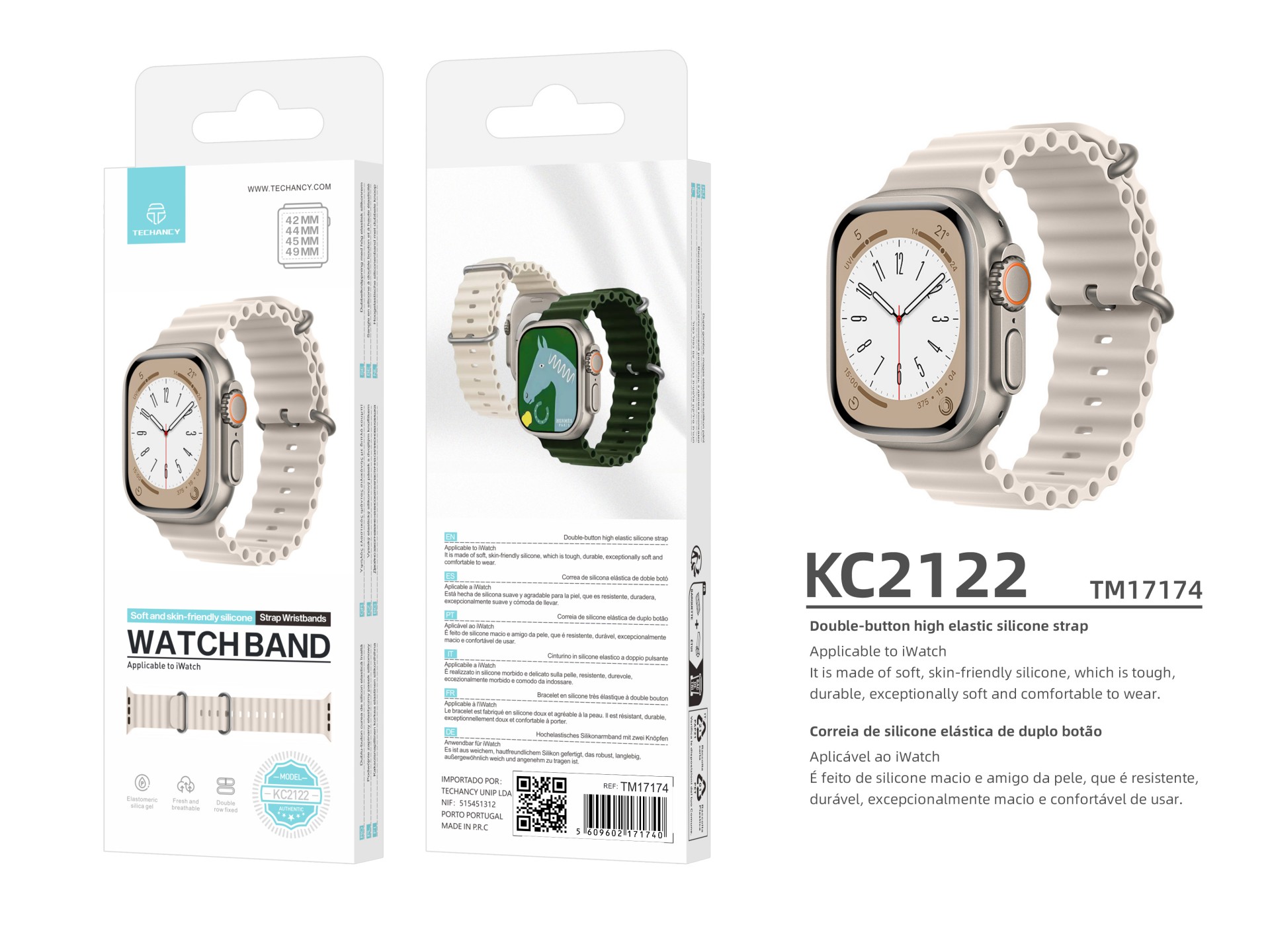 Techancy White Silicone Strap KC2122, Compatible with Apple Watch 42mm/44mm/45mm/49mm, Soft Silicone