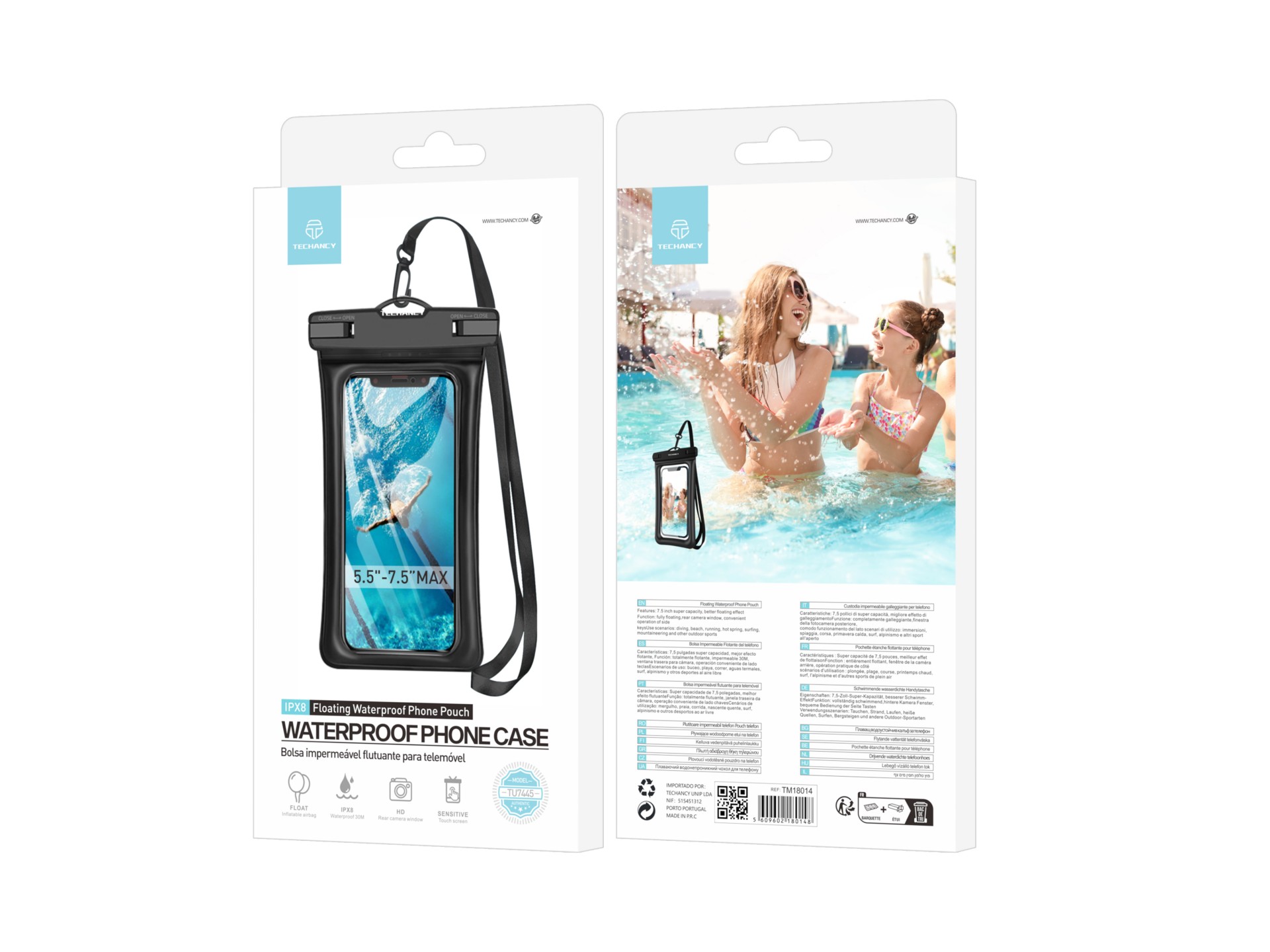 Techancy TU7445 Waterproof Phone Case, 5.5-7.5 Inches Waterproof, Floating Air Bag, Black