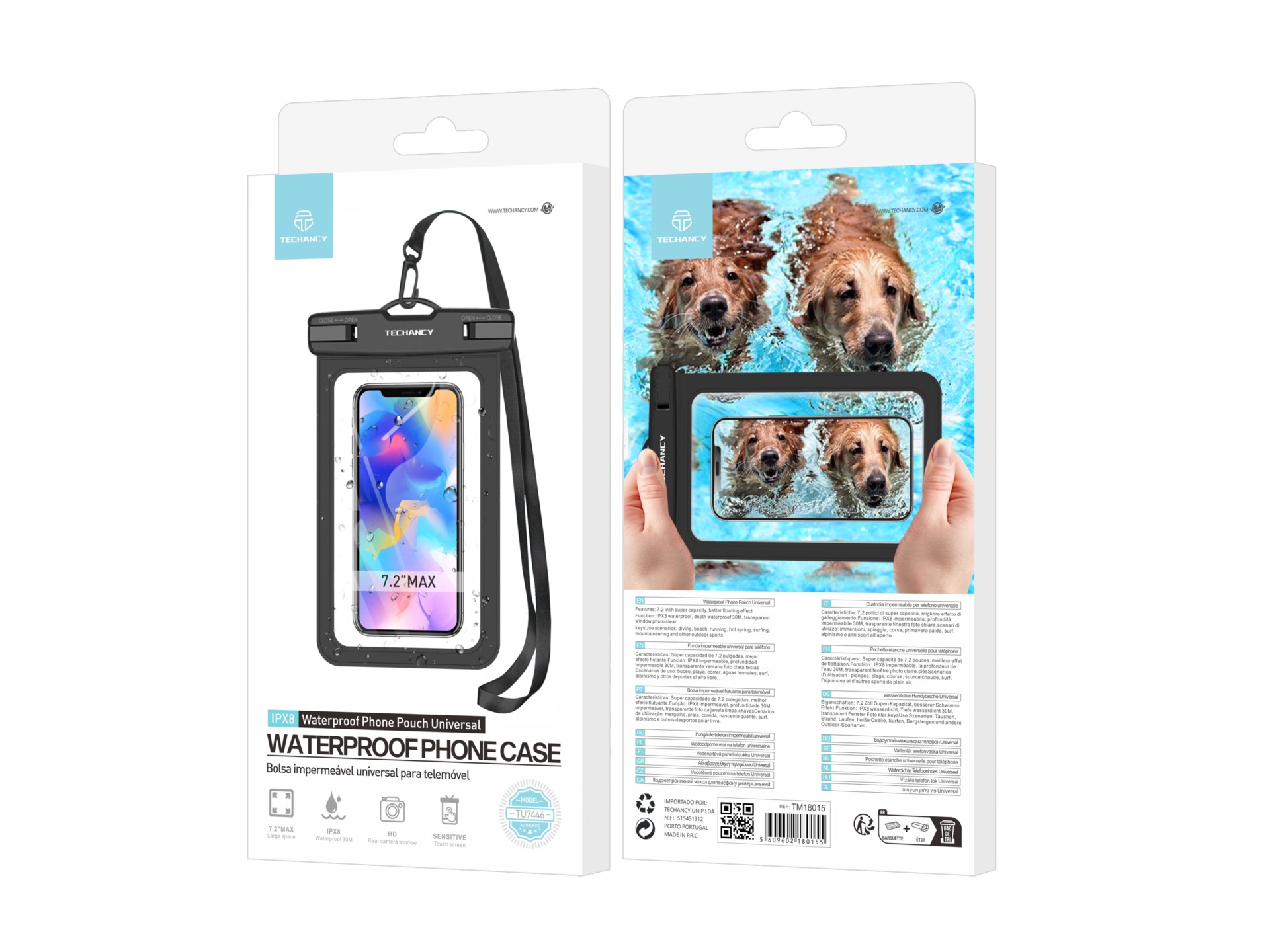 Techancy Bolsa Para Telemóvel À Prova De Água TU7446, 7,2 Pol. Profundamente À Prova De Água, Preto