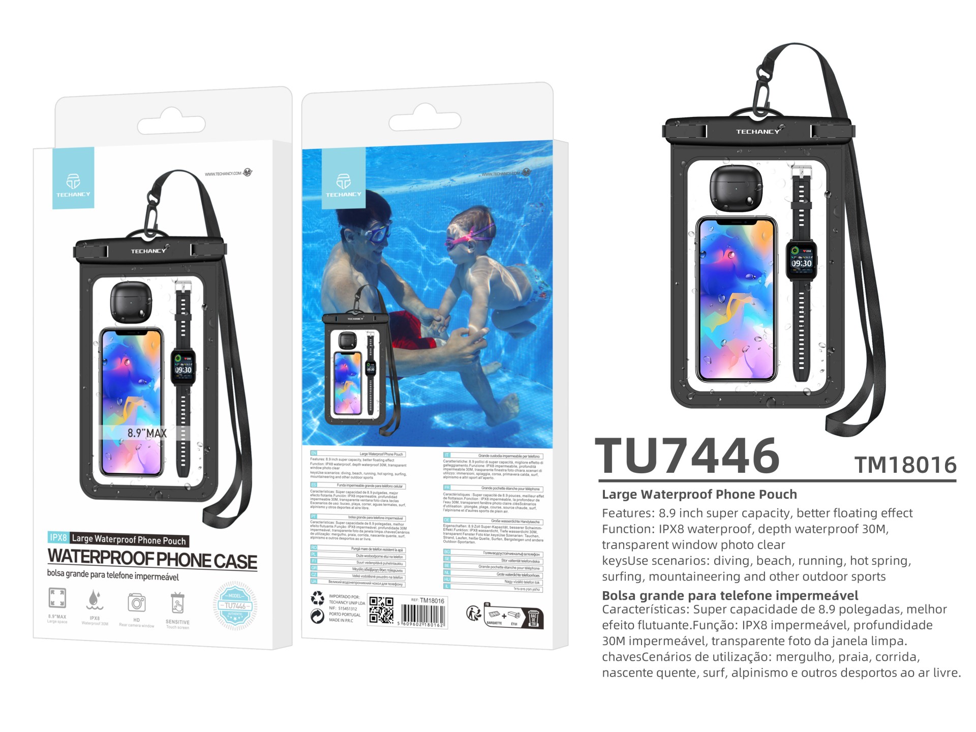 Techancy Waterproof Cell Phone Case TU7446, 8.9