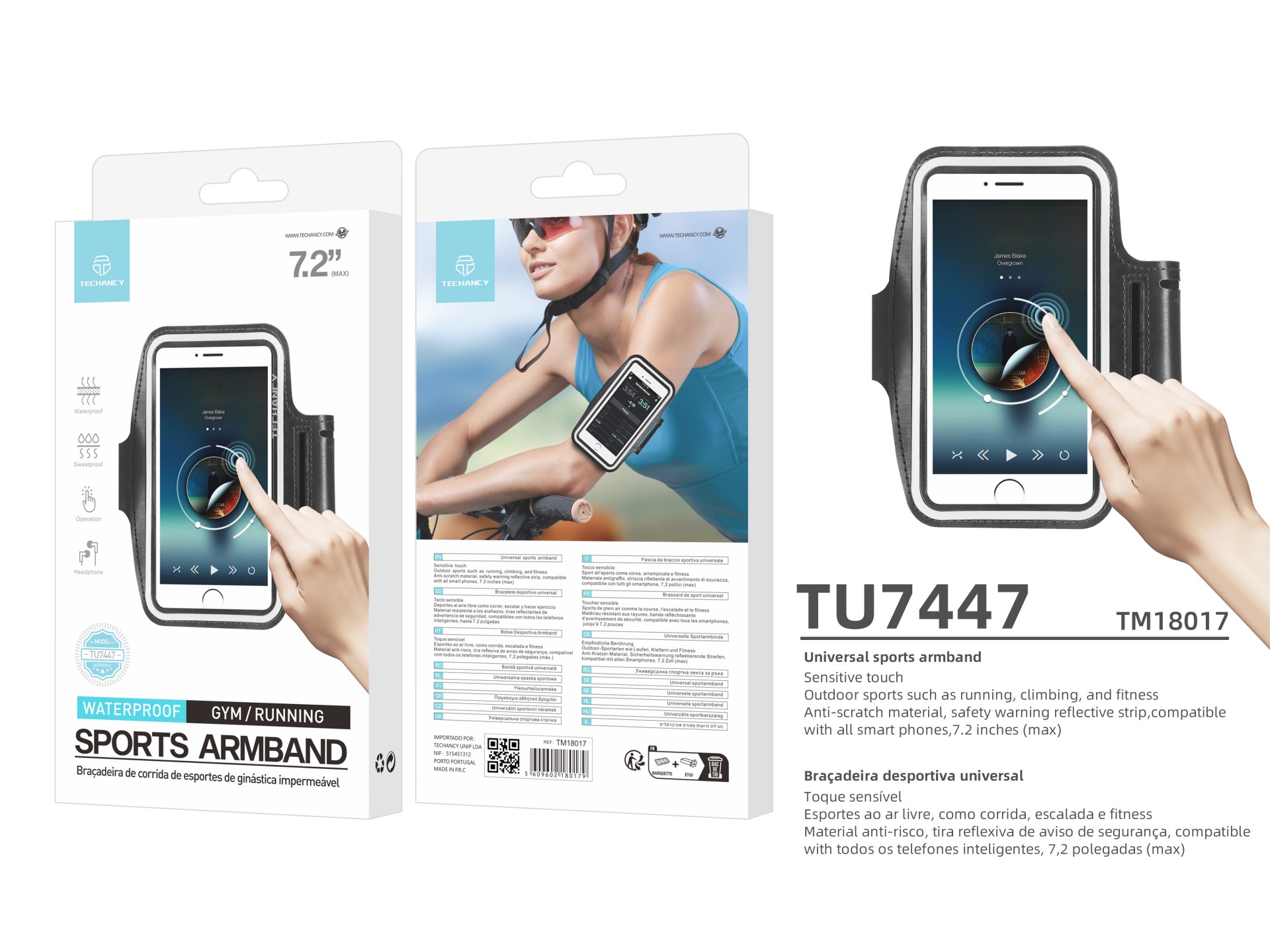 Techancy Bolsa De Braço Desportiva TU7447, Telemóvel De 7,2', Ecrã Tátil Transparente, Aviso Refleto