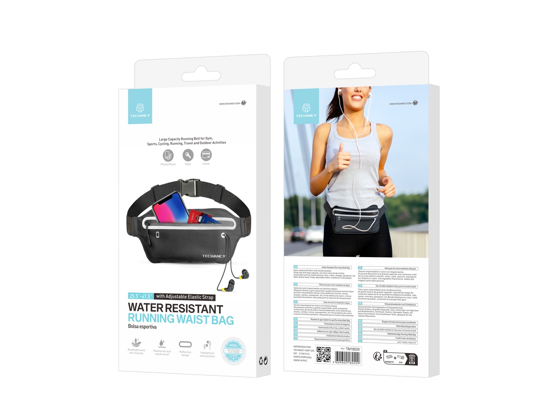 Techancy Sports Waist Pack TU7450, Adjustable Elastic Waistband, Large Capacity Phone Pouch, Black