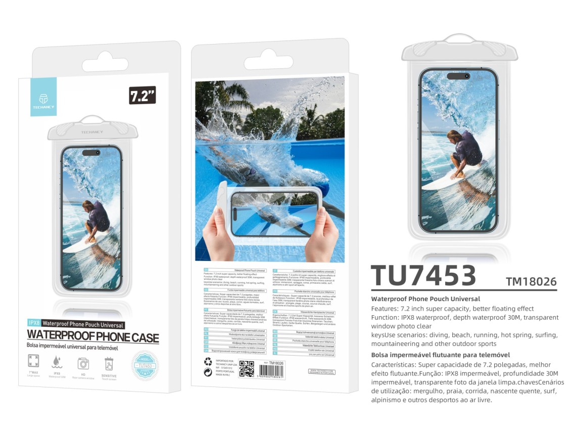 Techancy Capa De Telemóvel À Prova De Água Branca TU7453. Capacidade Extra Grande De 7,2 Polegadas,