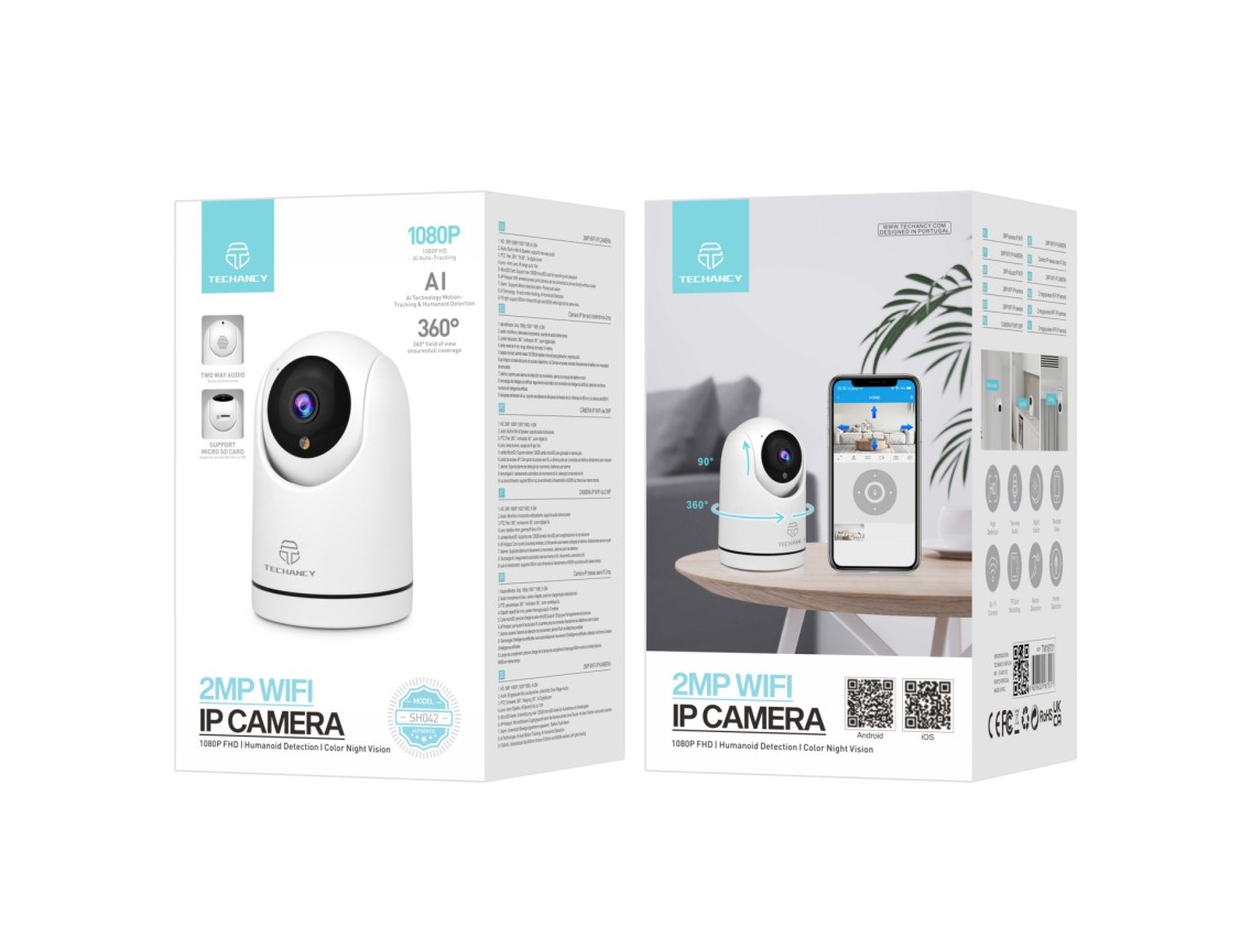 Techancy Câmara De Vigilância Sem Fios Branca SH042, 360° Interior, Visão Nocturna Hd 1080p, Áudio B