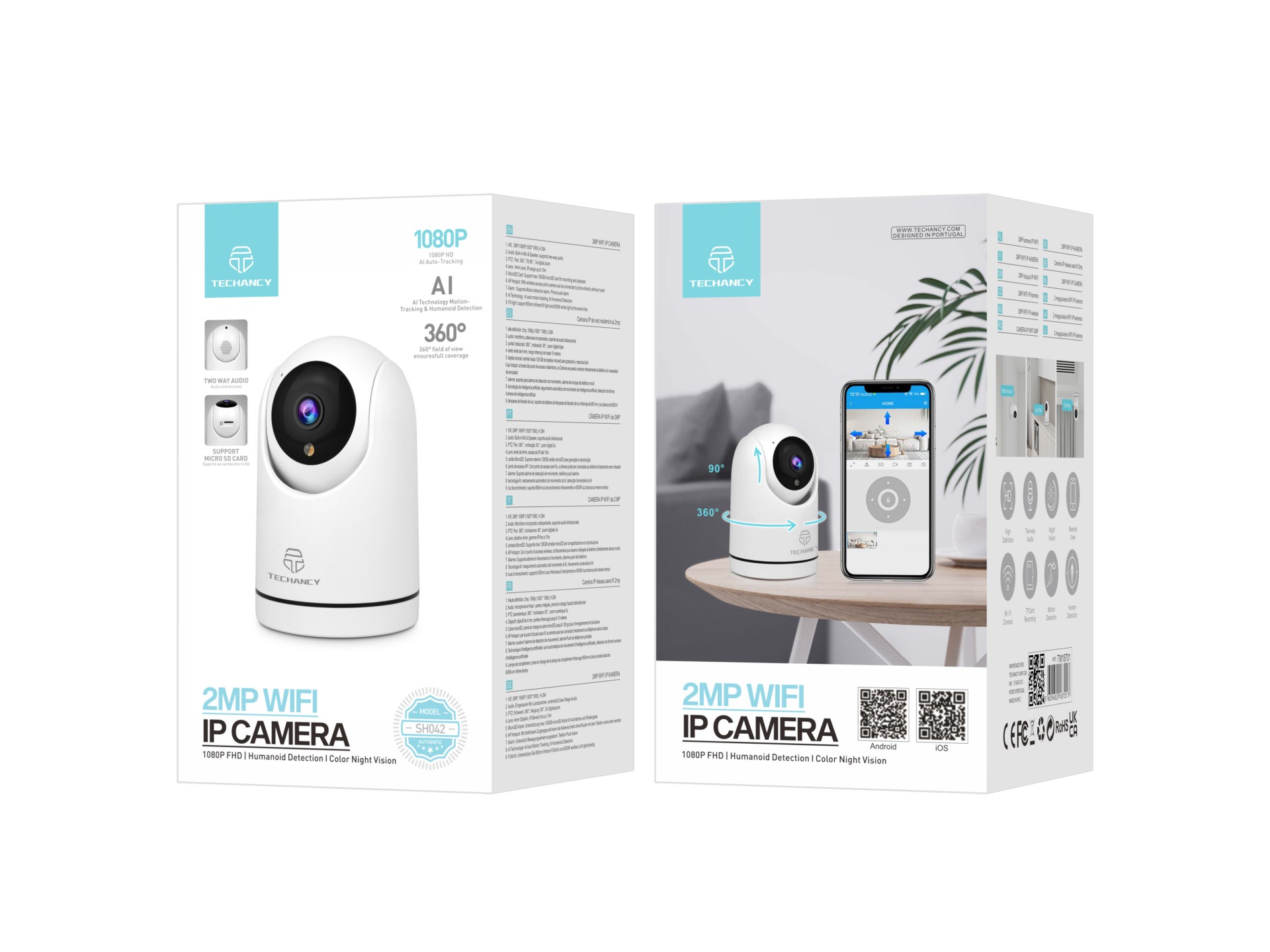 Techancy Câmara De Vigilância Sem Fios Branca SH042, 360° Interior, Visão Nocturna Hd 1080p, Áudio B