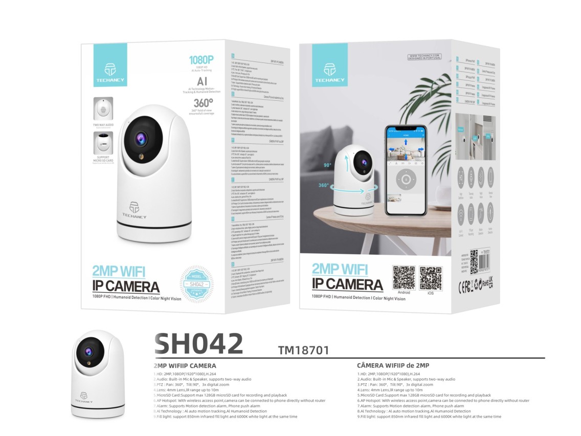 Techancy Câmara De Vigilância Sem Fios Branca SH042, 360° Interior, Visão Nocturna Hd 1080p, Áudio B