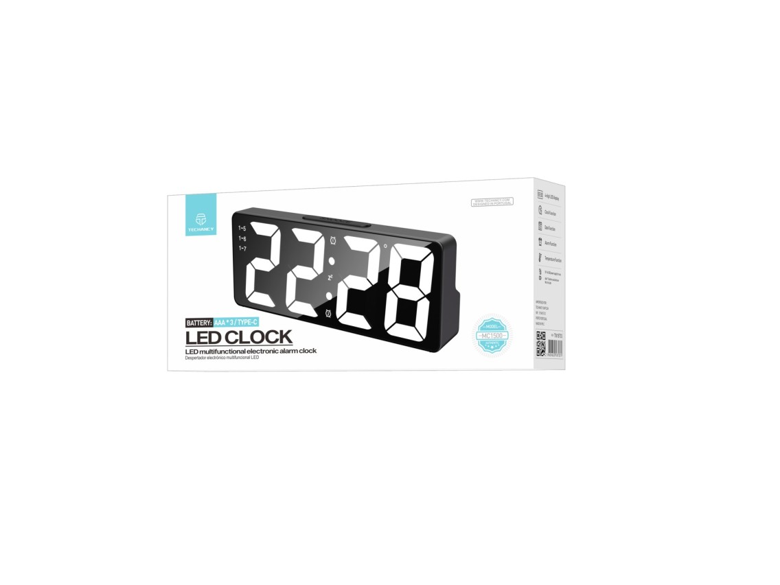 Techancy Despertador Led Multifunções Branco MC1500 Com Relógio, Data, Alarme, Ecrã De Temperatura E