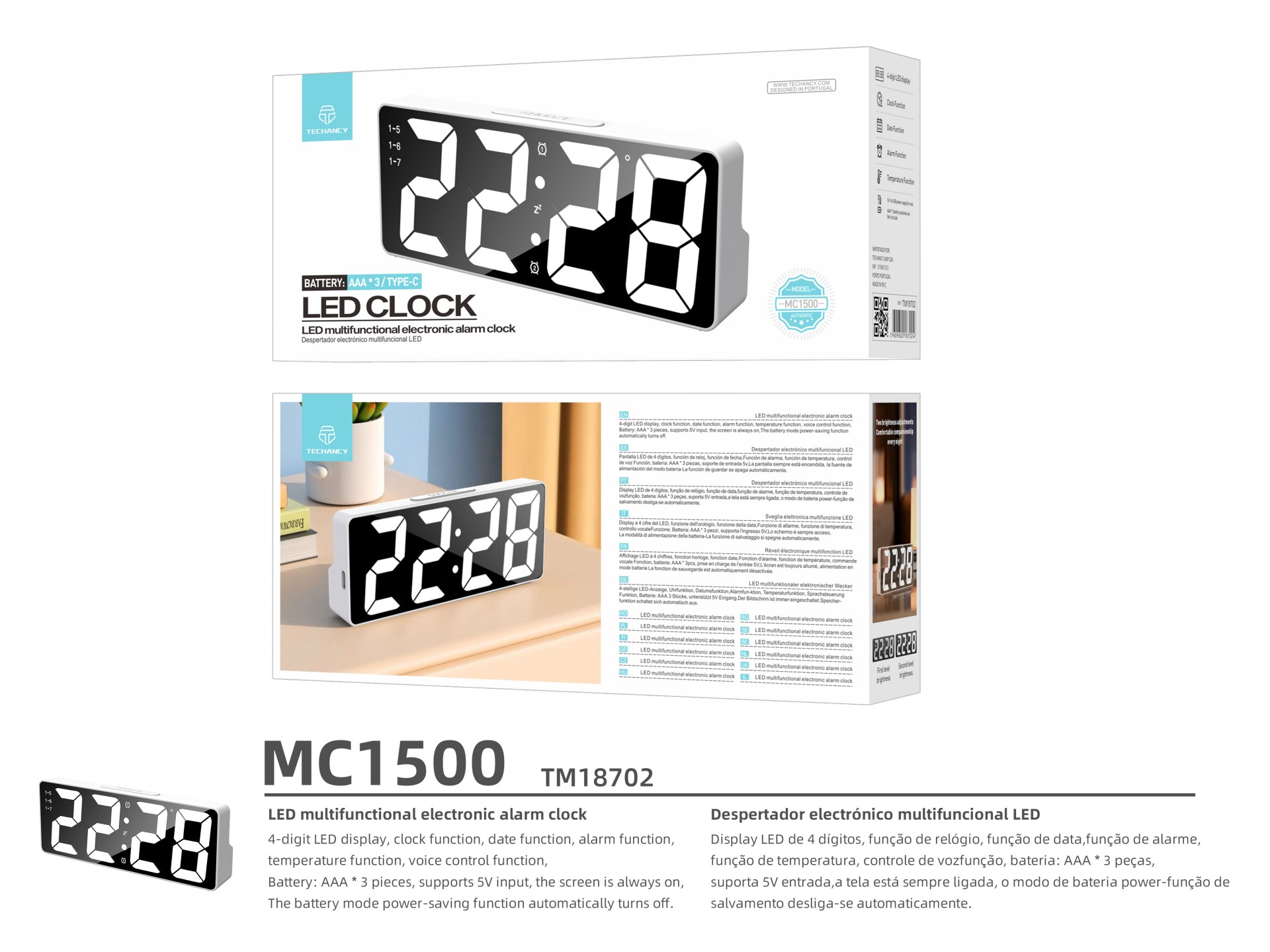 Techancy MC1500 White Multifunction LED Alarm Clock with Clock, Date, Alarm, Temperature Display and
