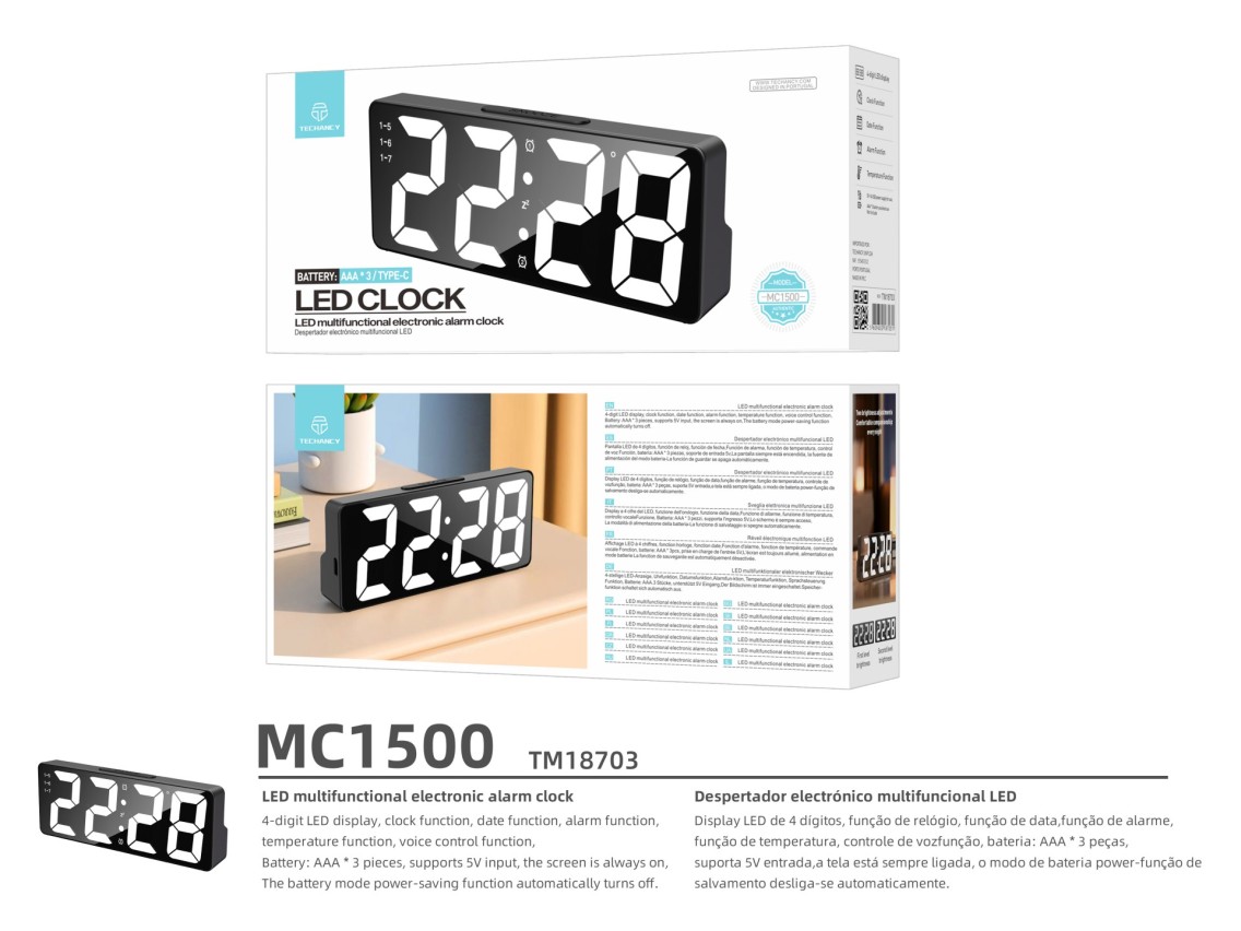 Techancy Despertador Multifunções Led Preto MC1500, Com Relógio, Data, Alarme, Ecrã De Temperatura E