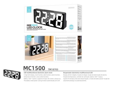 Techancy Despertador Multifun��es Led Preto MC1500, Com Rel�gio, Data, Alarme, Ecr� De Temperatura E