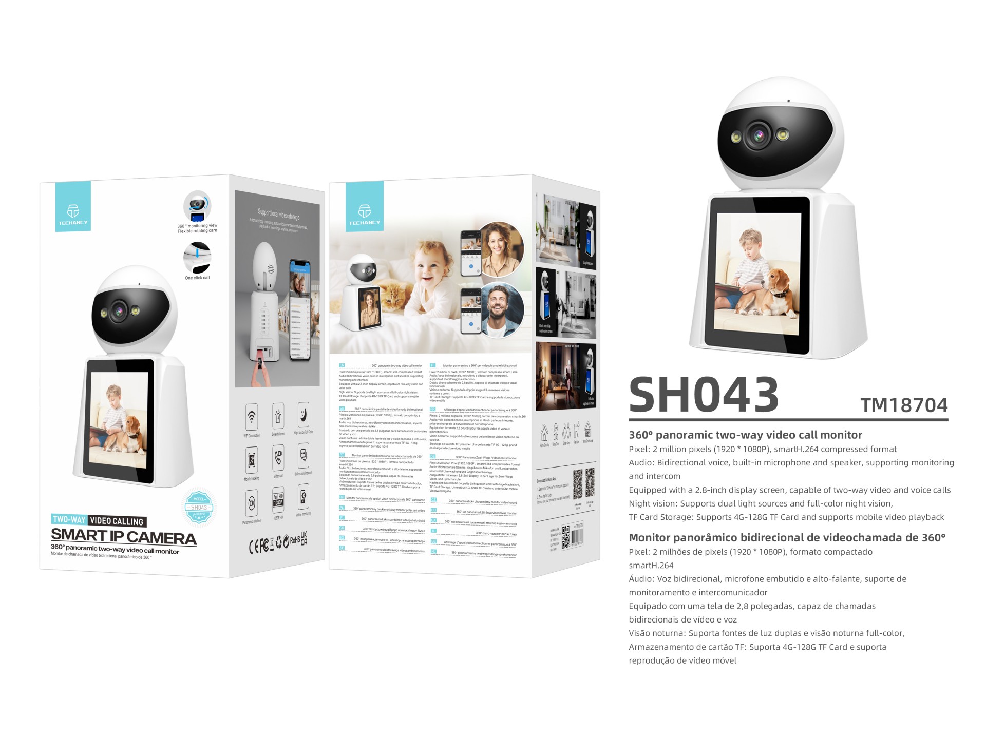 Techancy SH043 Smart Camera with Screen, 1080P, 360 Rotation, Night Vision, Two-Way Voice and Video