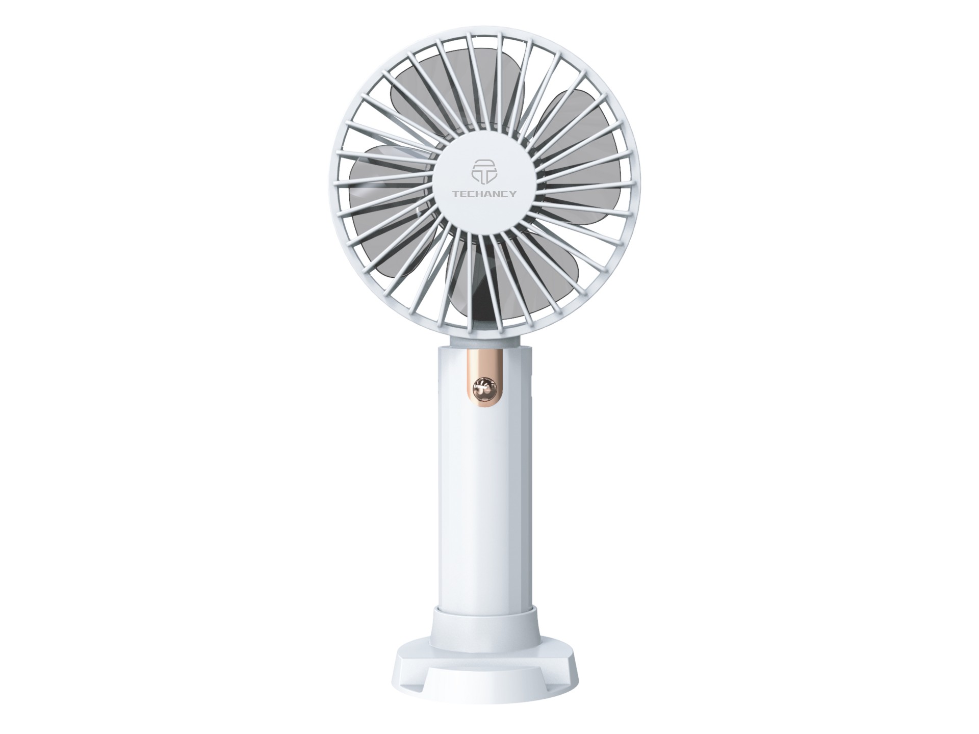 Techancy KL7304 White Handheld Portable Fan, Adjustable to 3 Speeds, with Stand for Use on a Desk