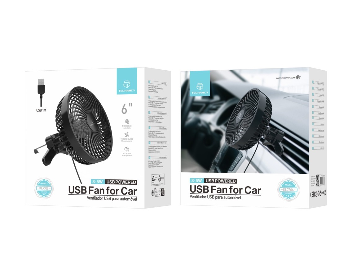Techancy KL7306 Black USB Car Fan, 6-Inch, 3-Speed Adjustable Airflow, Vent Mount