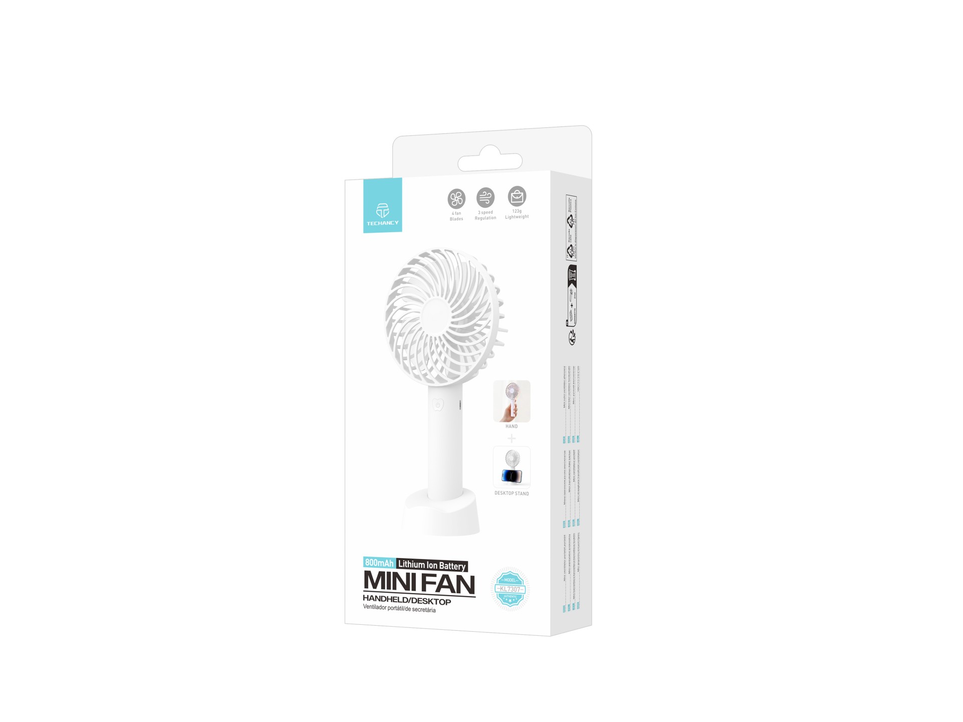 Techancy KL7307 White USB Fan with Fan Holder, Rechargeable Lithium Battery, 3 Speed Modes