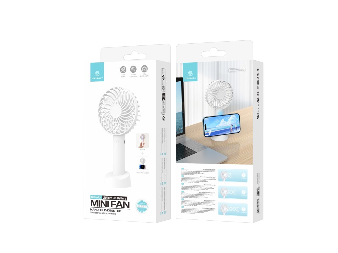 Techancy KL7307 White USB Fan with Fan Holder, Rechargeable Lithium Battery, 3 Speed Modes
