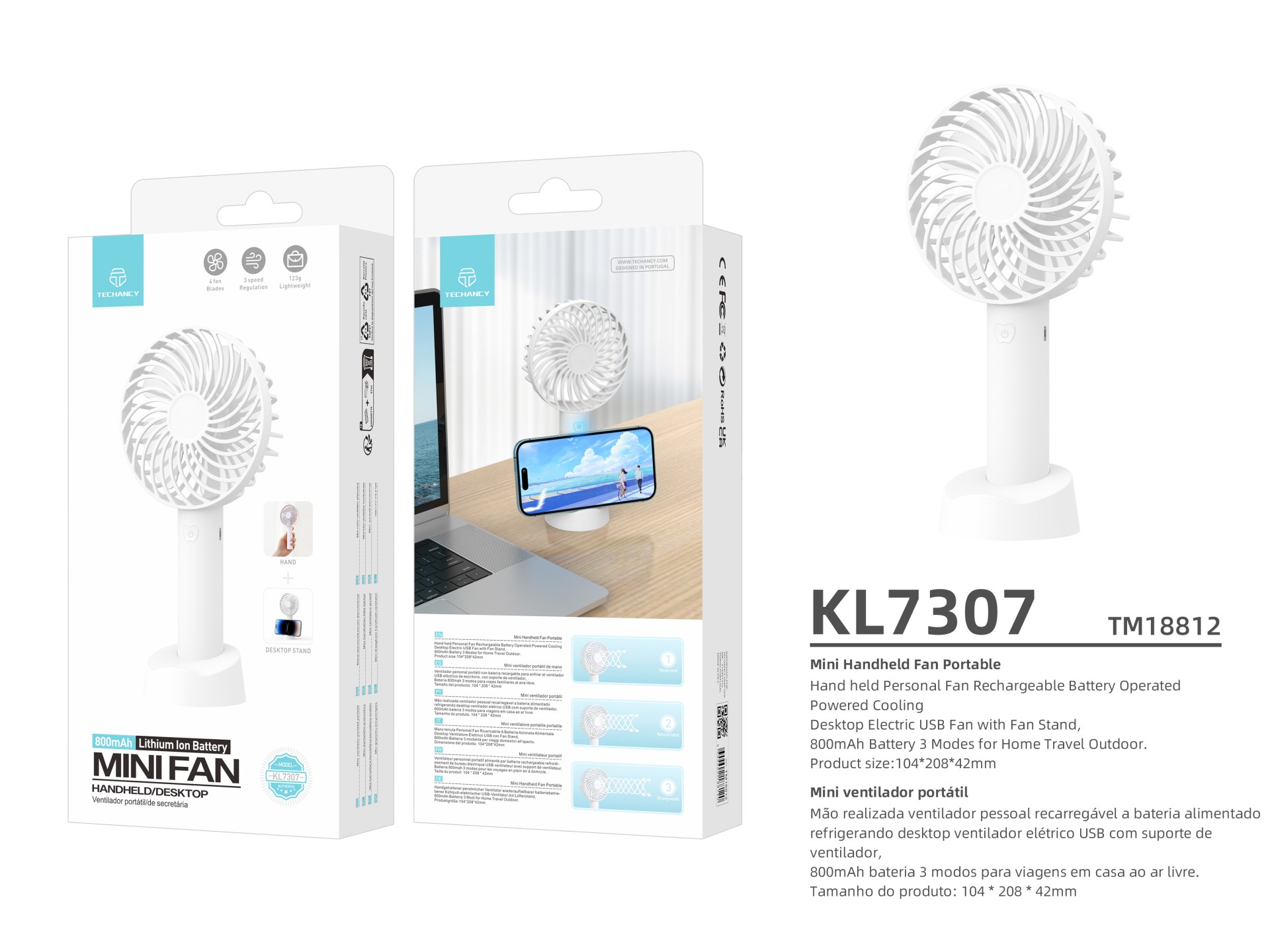 Techancy KL7307 White USB Fan with Fan Holder, Rechargeable Lithium Battery, 3 Speed Modes